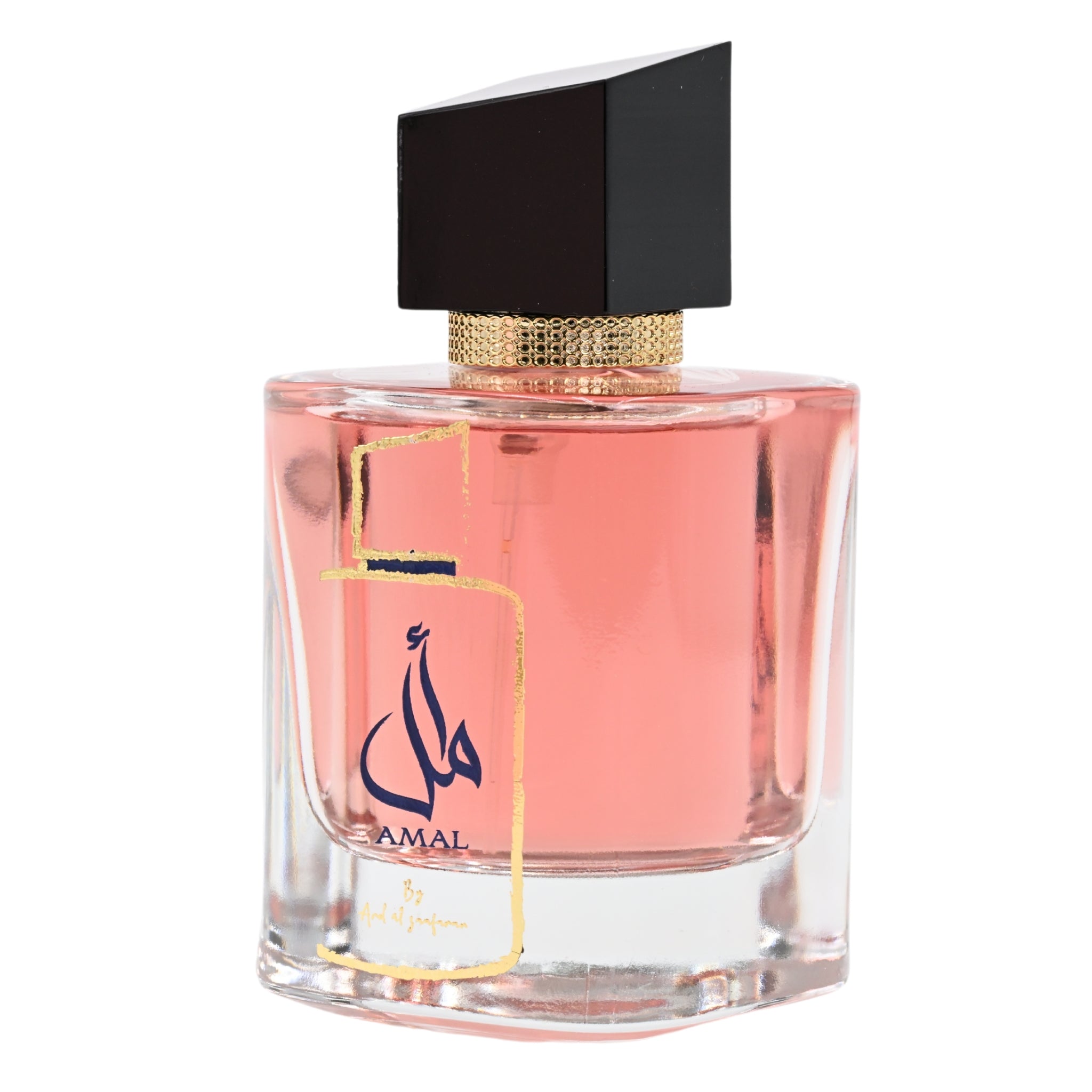 Perfume bottle with pink liquid and black cap on a white background