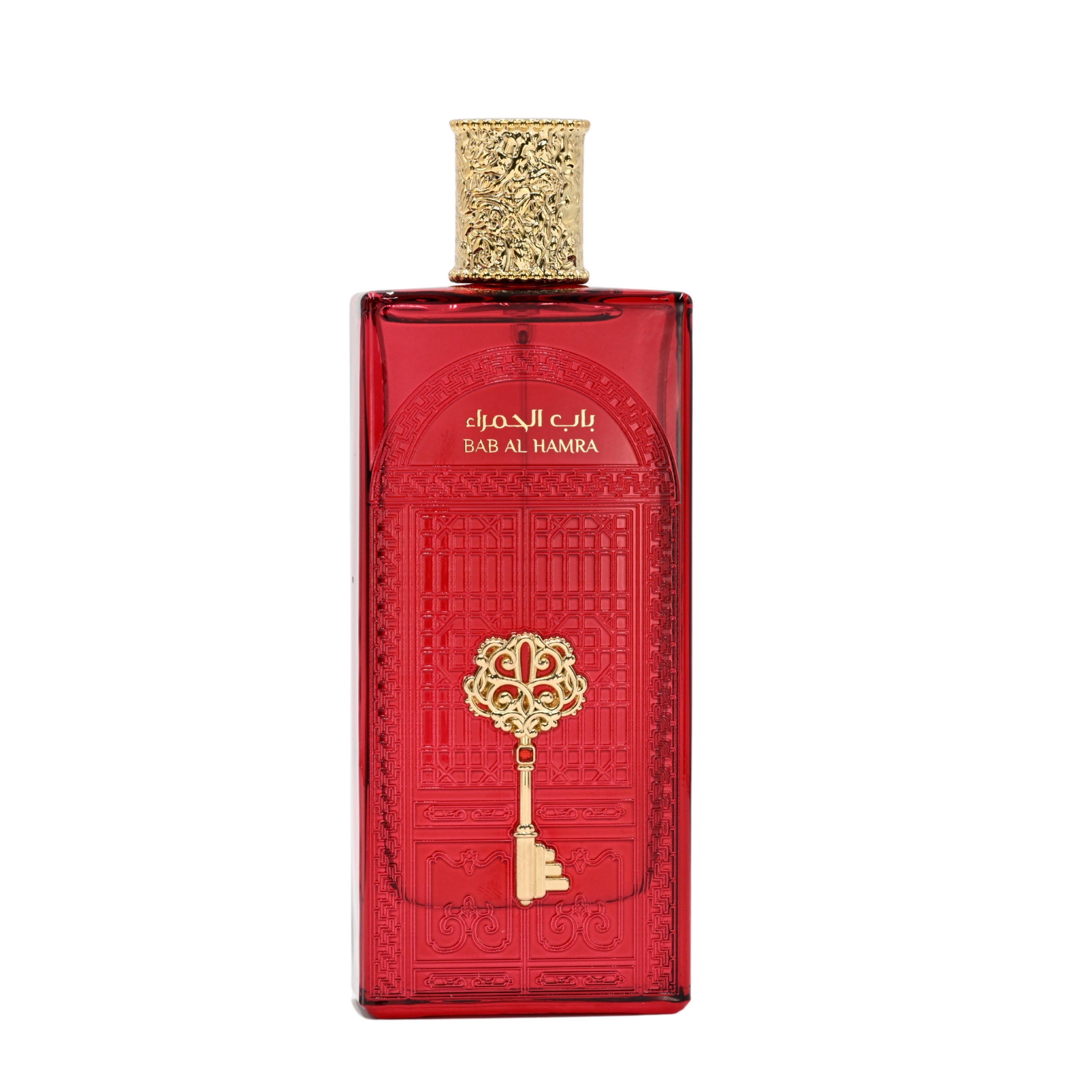 Red perfume bottle with gold accents on a white background