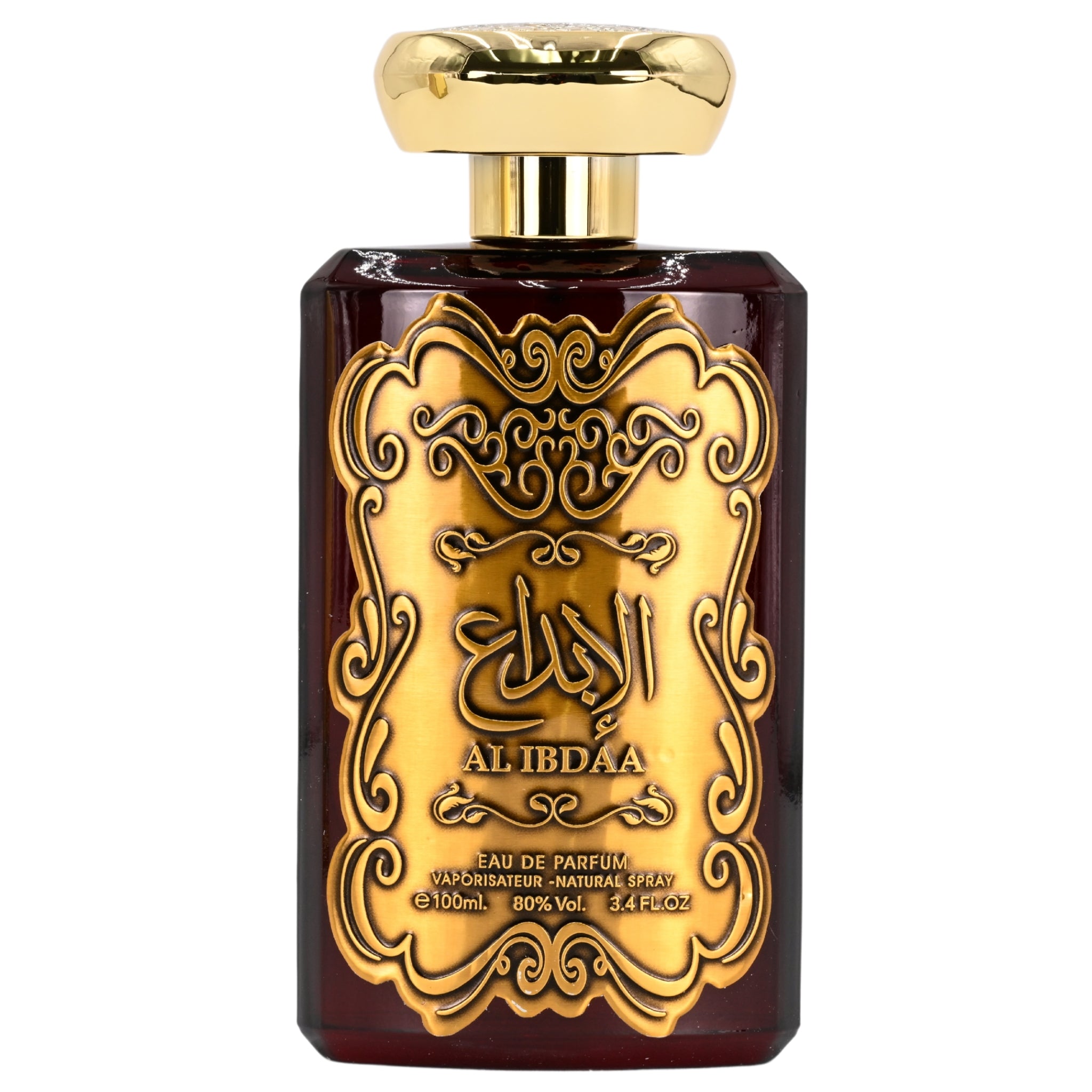 Perfume bottle with gold label and gold cap on a white background