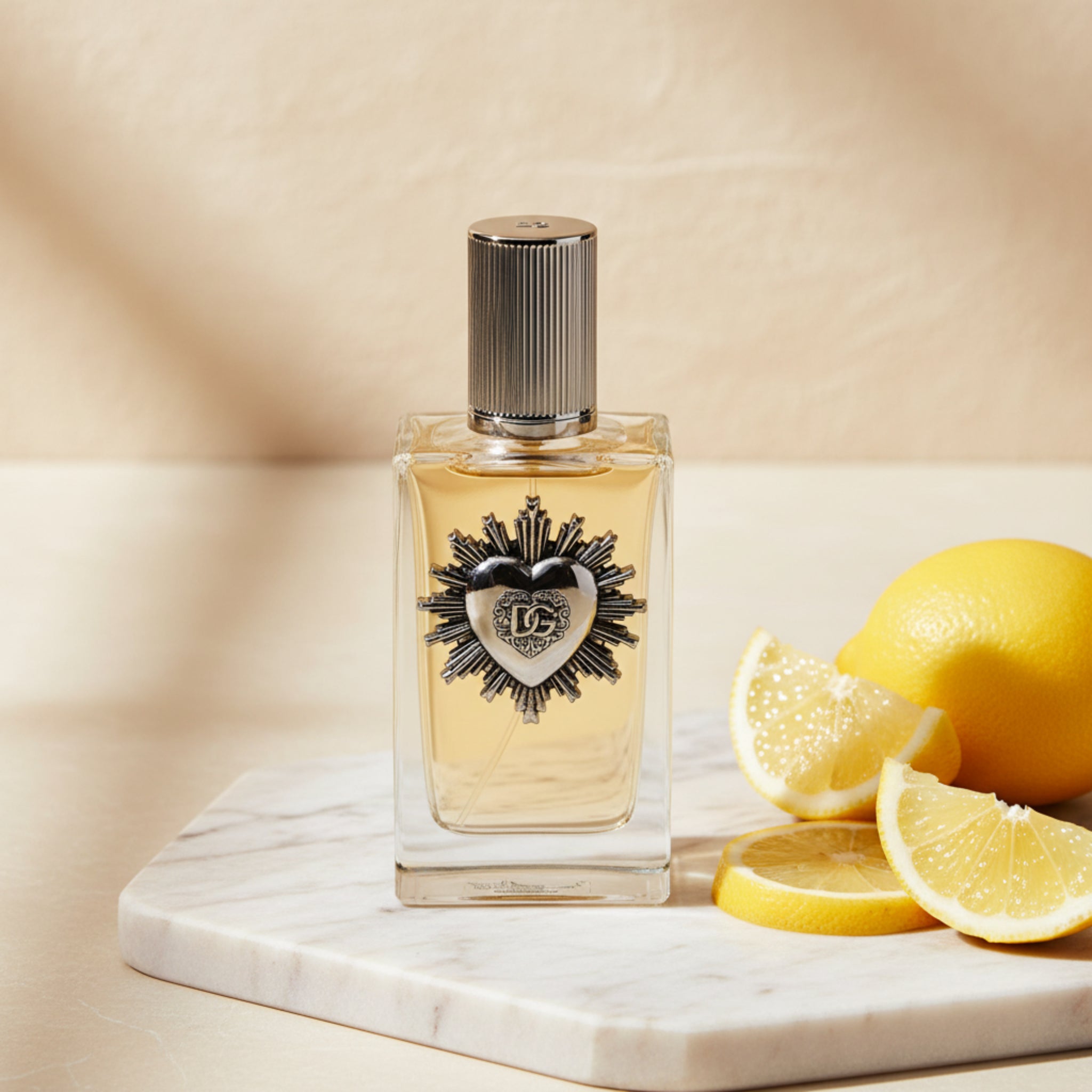 Perfume bottle with silver cap and decorative heart emblem on a white background