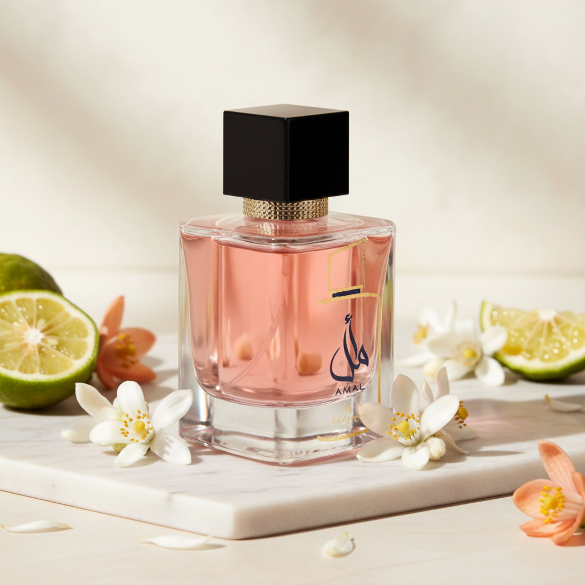 Perfume bottle with black cap and clear glass body on a white background