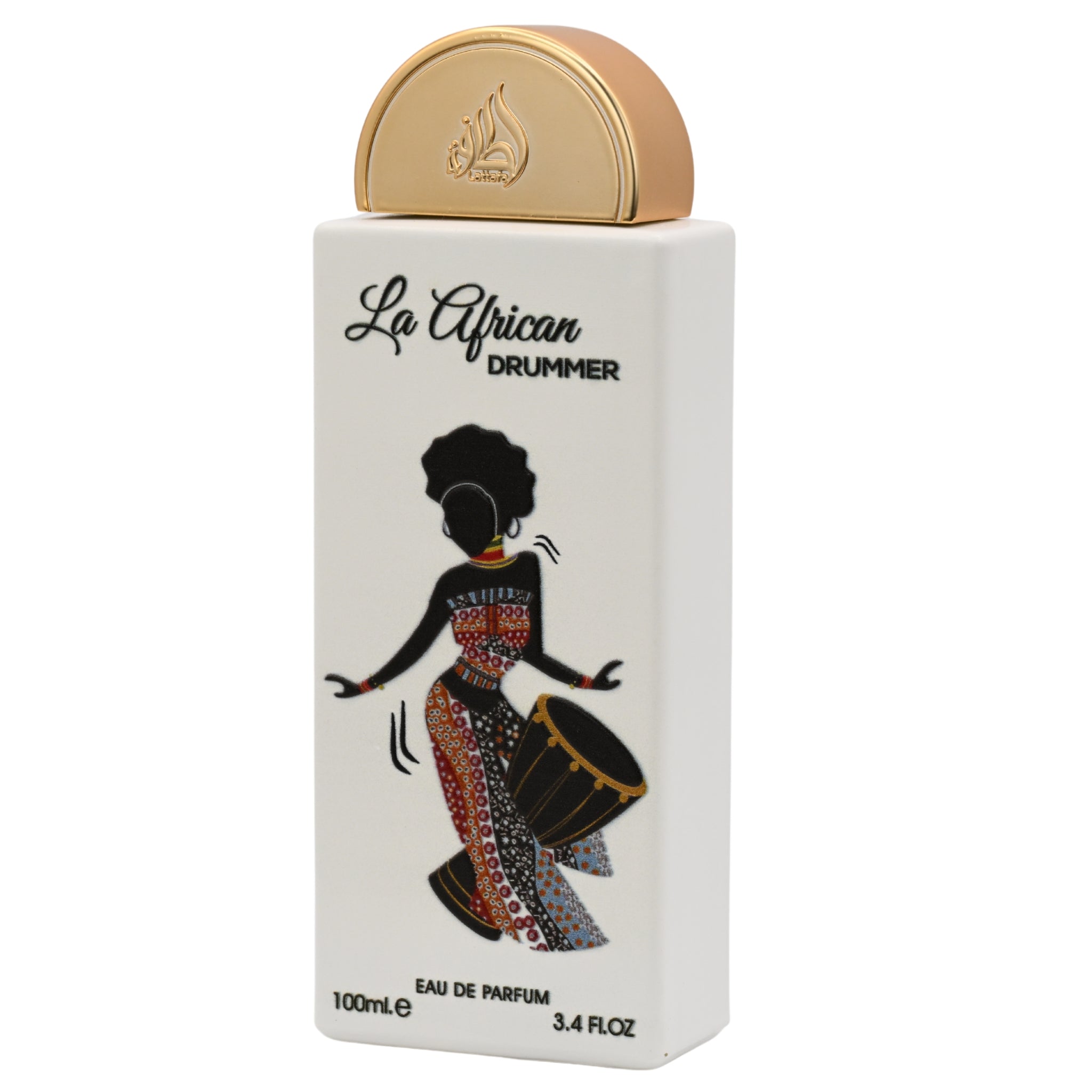 Perfume bottle with 'La African Drummer' branding and a silhouette of a woman playing a drum on a white background.