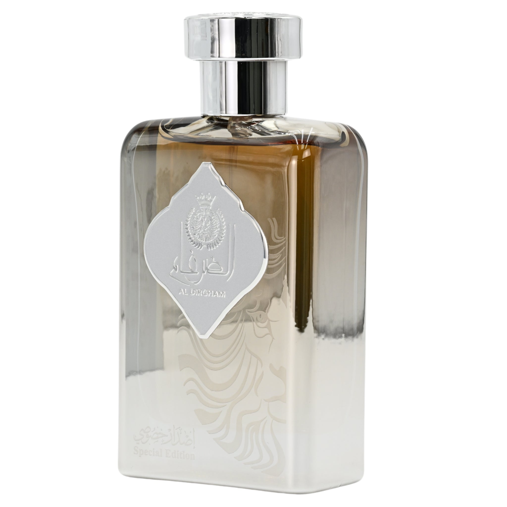 Perfume bottle with silver cap and decorative label on a white background