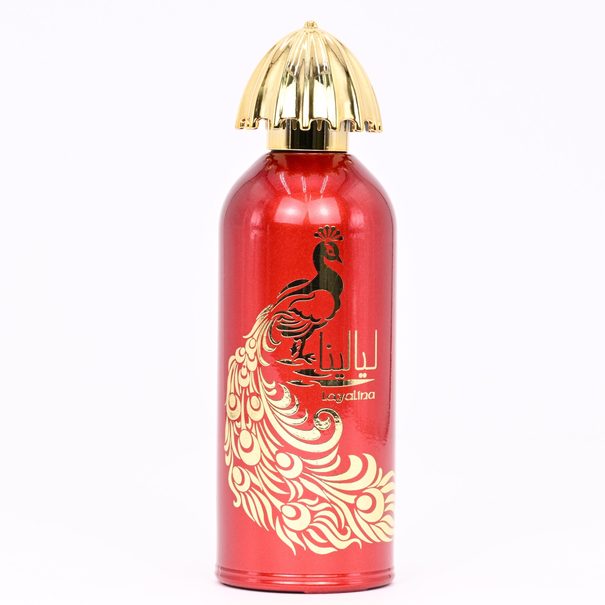Red perfume bottle with gold accents on a white background