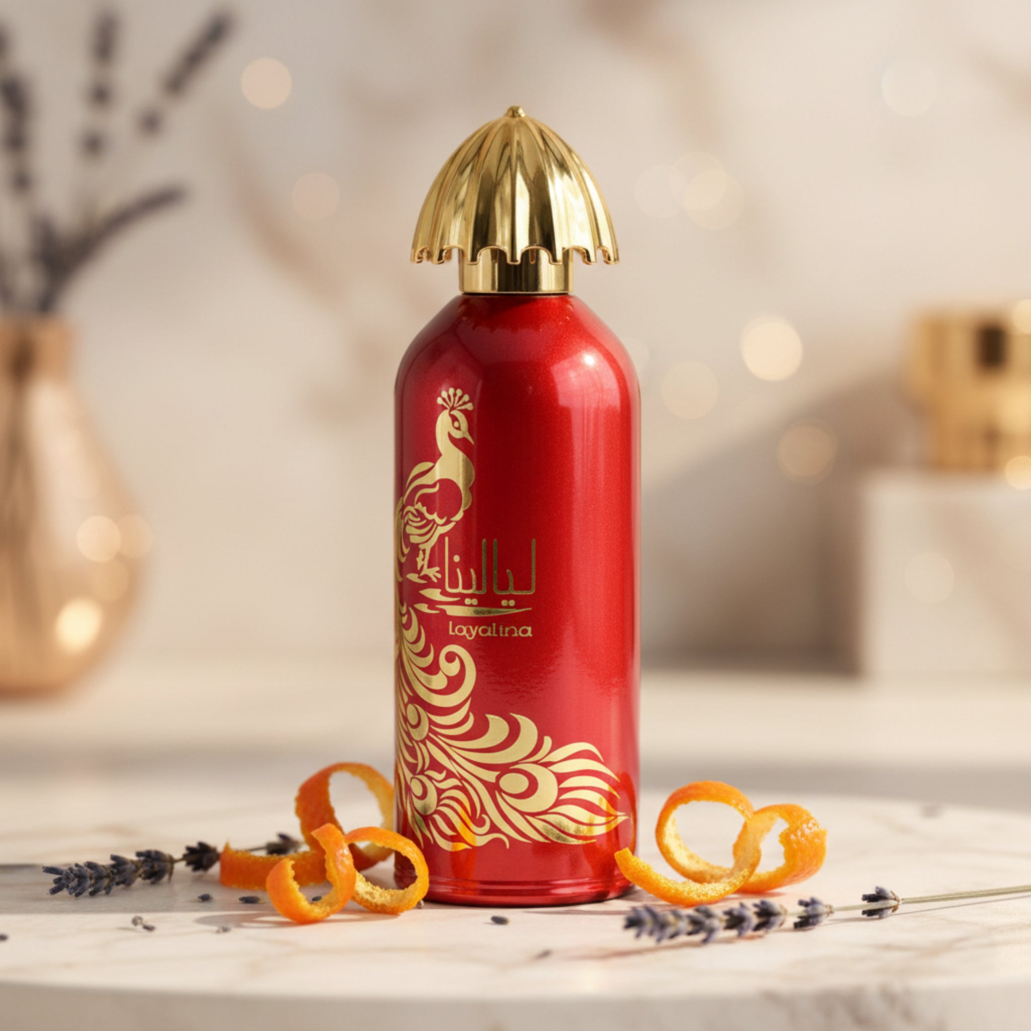 Red perfume bottle with gold accents on a white background