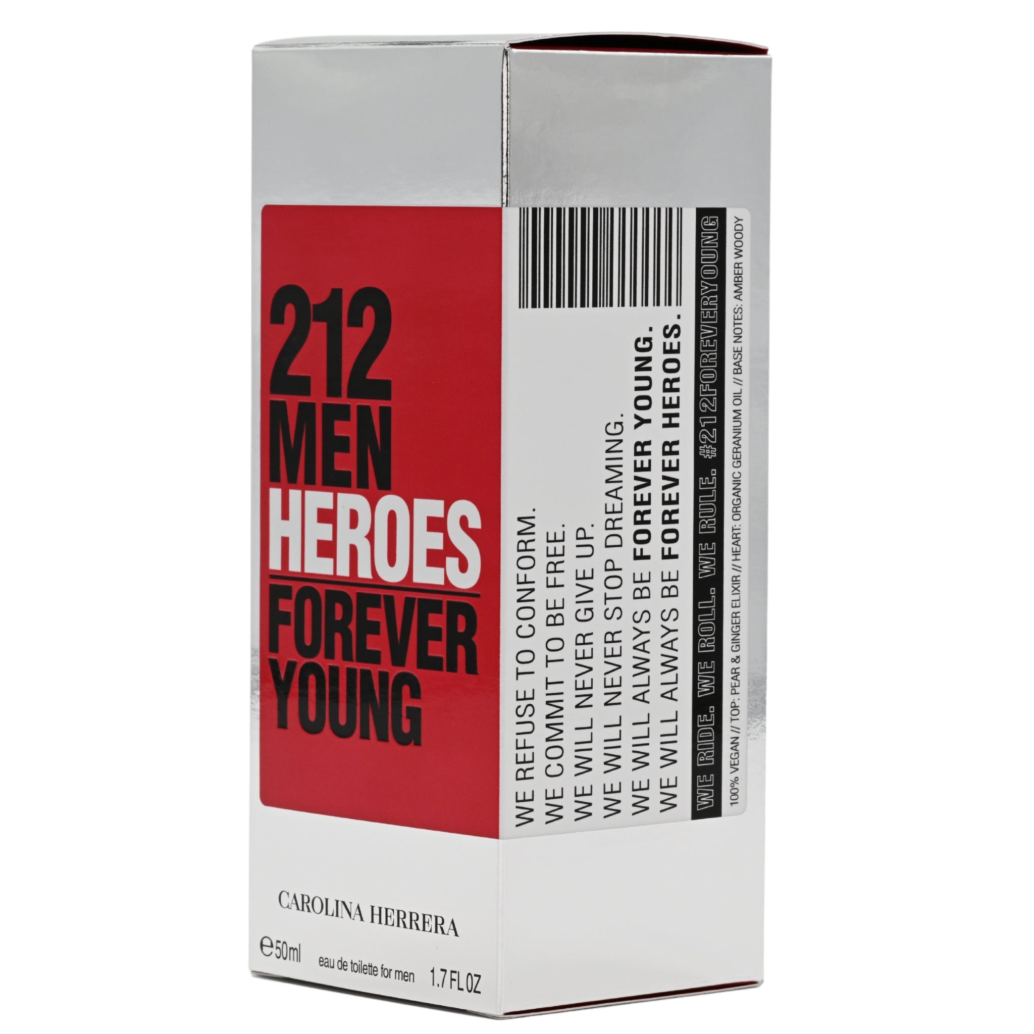 A box of 212 Men Heroes Forever Young cologne by Carolina Herrera on a white background