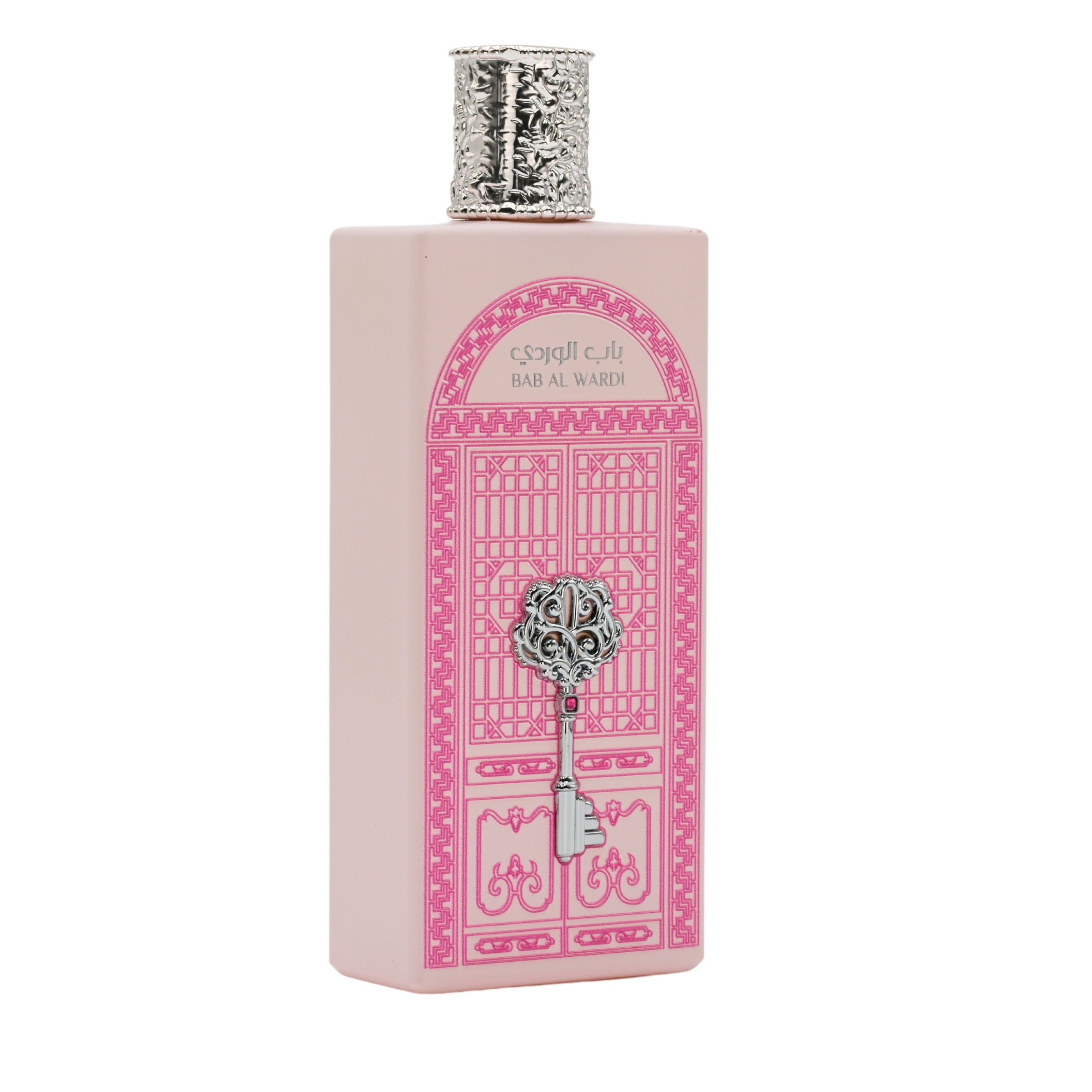 Perfume bottle with pink design and silver cap on a white background