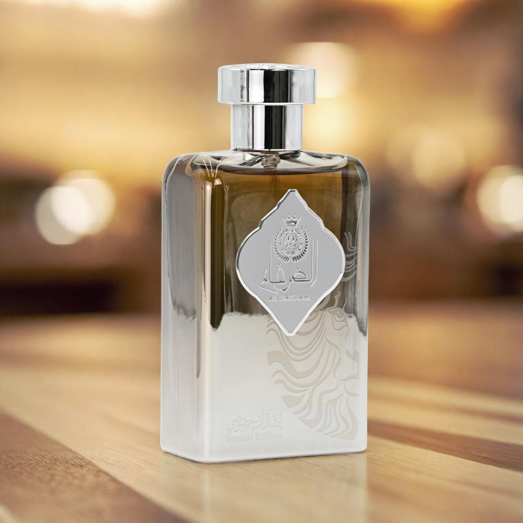 Perfume bottle with silver cap on a wooden surface with a blurred background