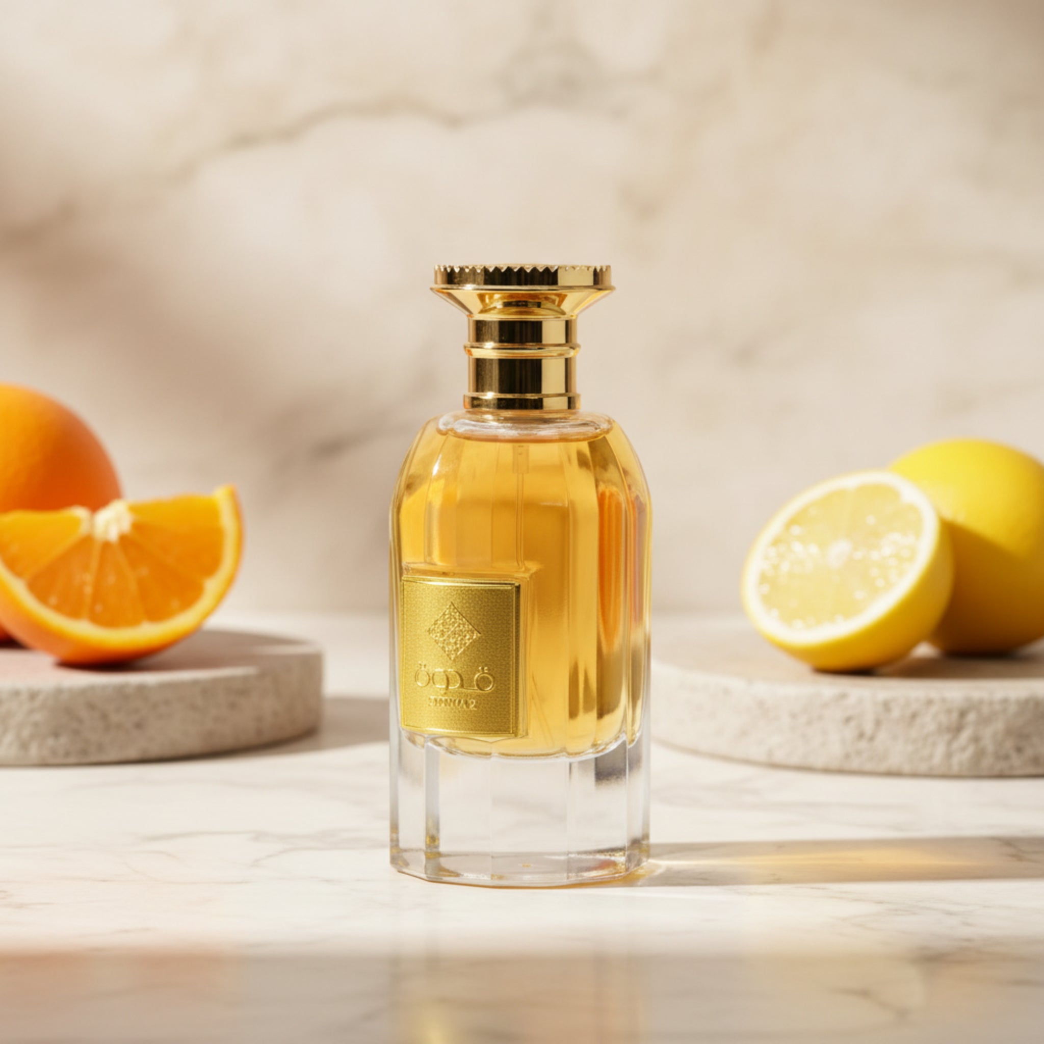 Perfume bottle with gold cap and label on a white background