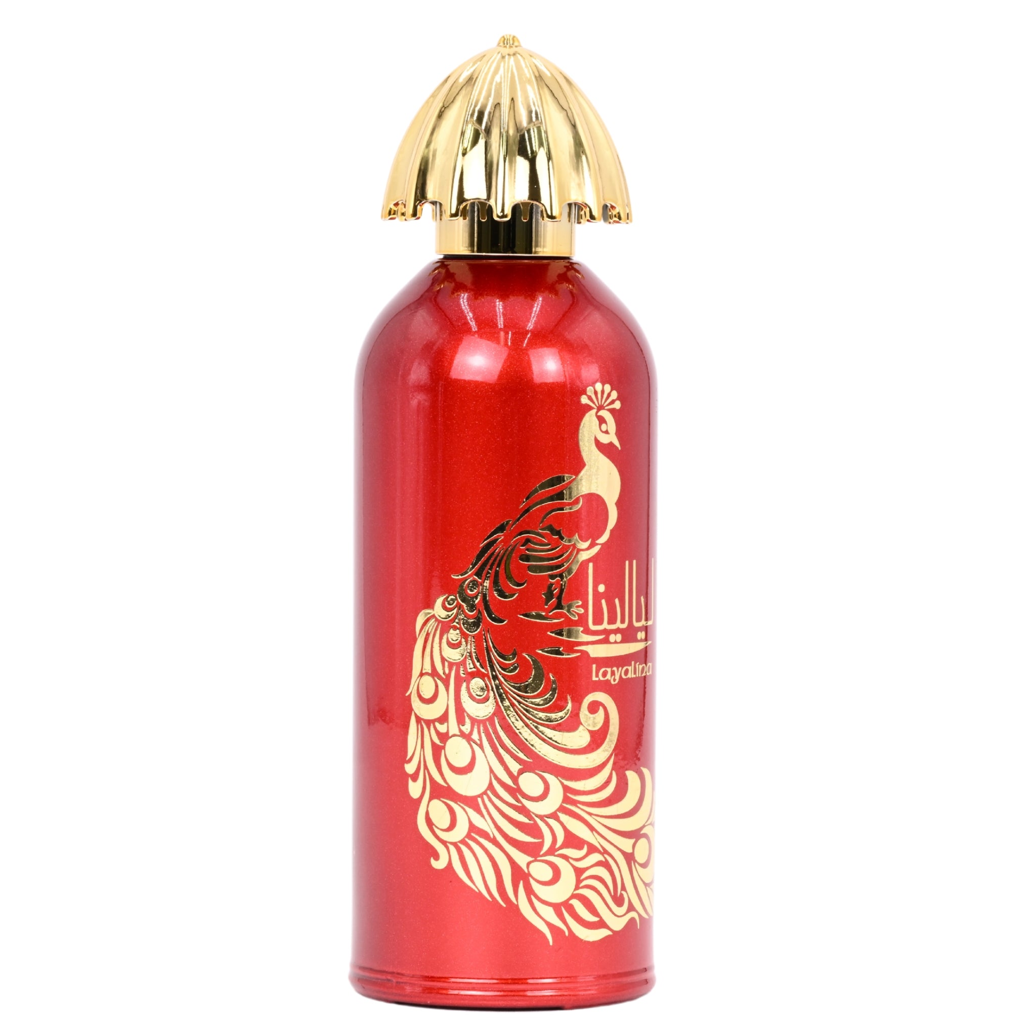 Red perfume bottle with gold cap and decorative design on a white background