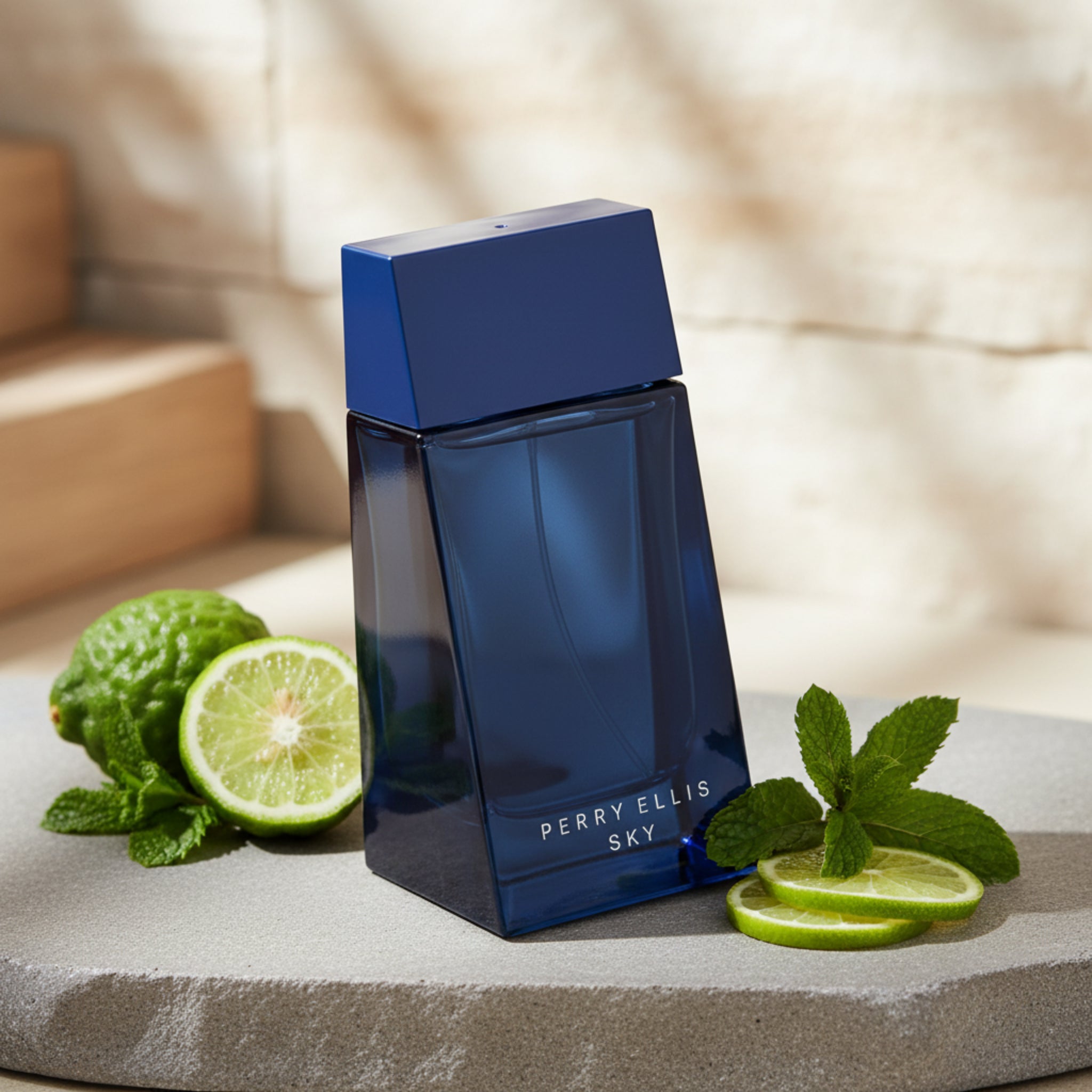 Blue Perry Ellis Sky perfume bottle on a white background