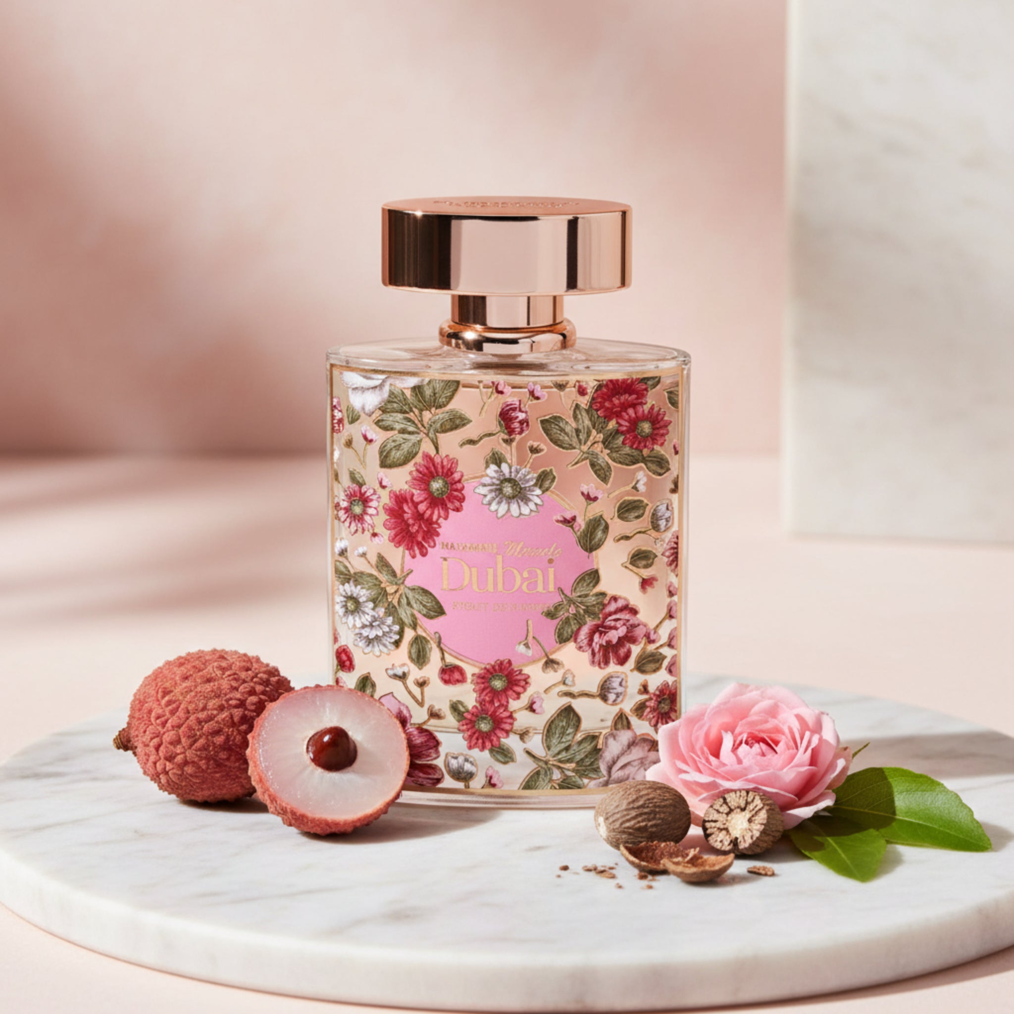 Perfume bottle with floral design and gold cap on white background