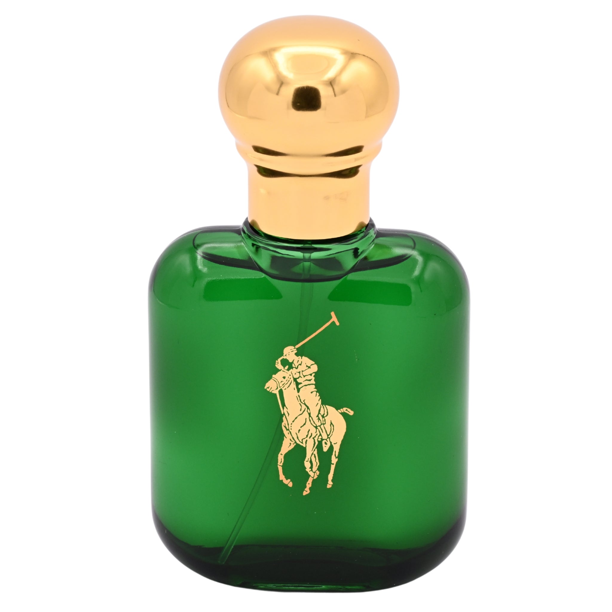 Green perfume bottle with gold cap and logo on a white background