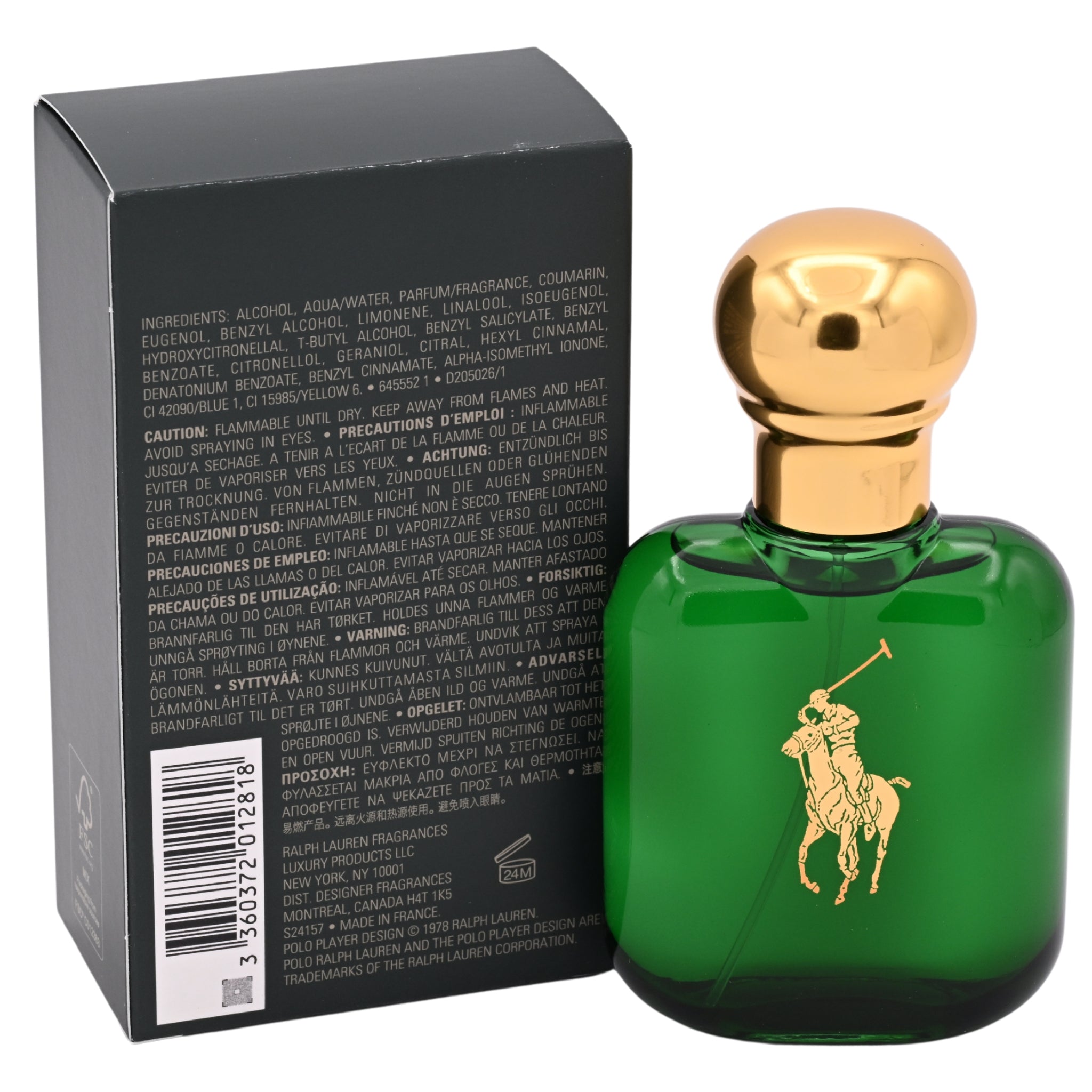 Green perfume bottle with gold cap and logo next to its packaging on a white background