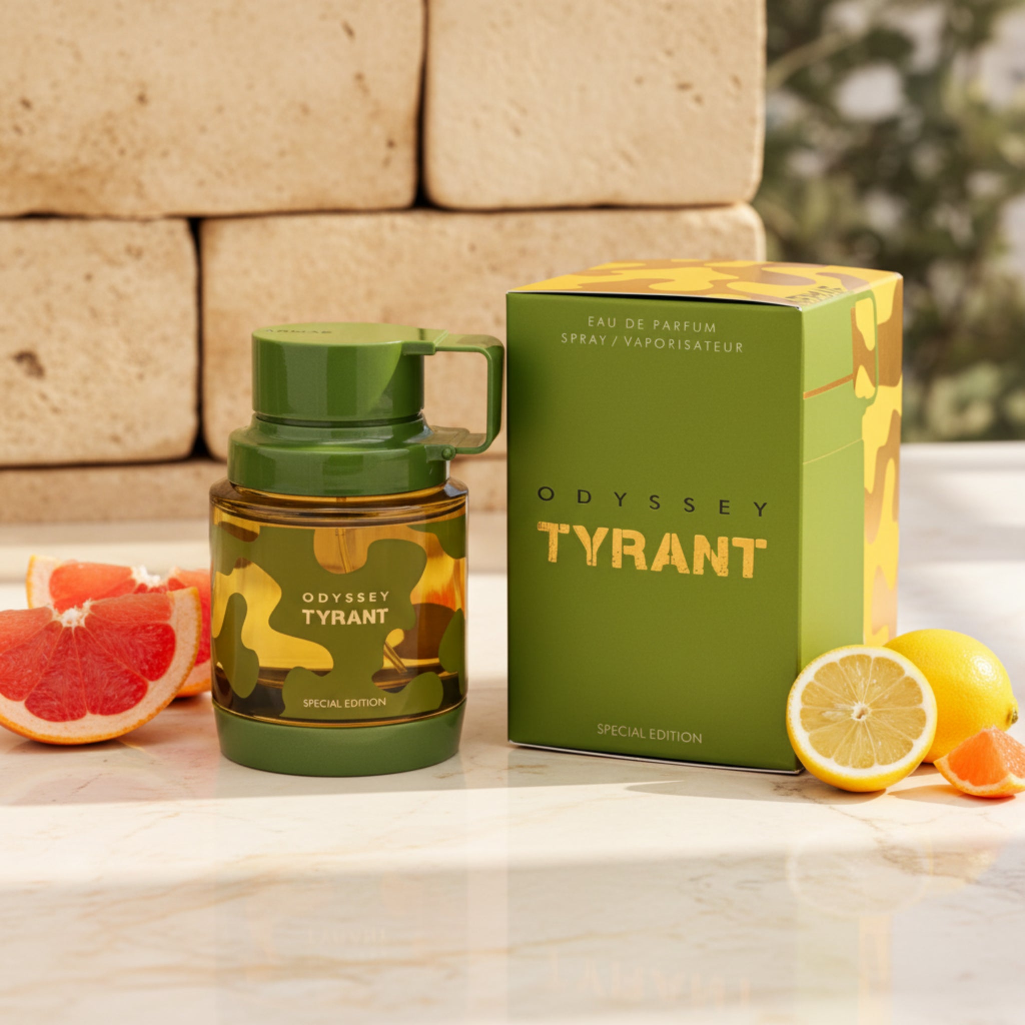 Green 'Odyssey Tyrant' perfume bottle and packaging on a white background