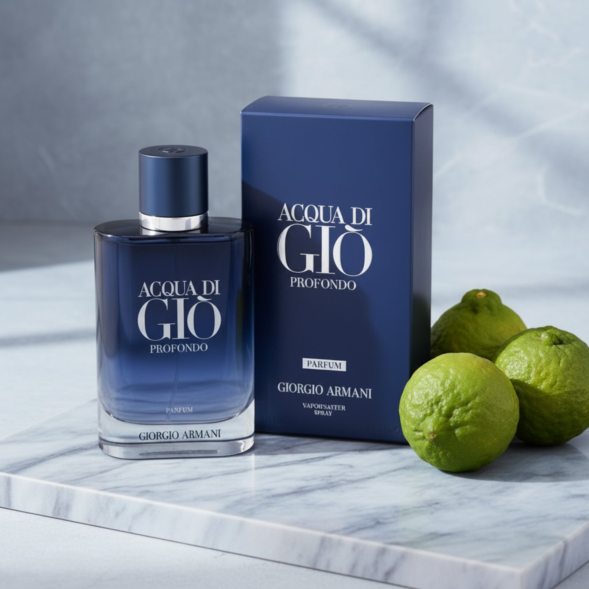 Acqua di Giò Profondo perfume bottle and packaging on a white background