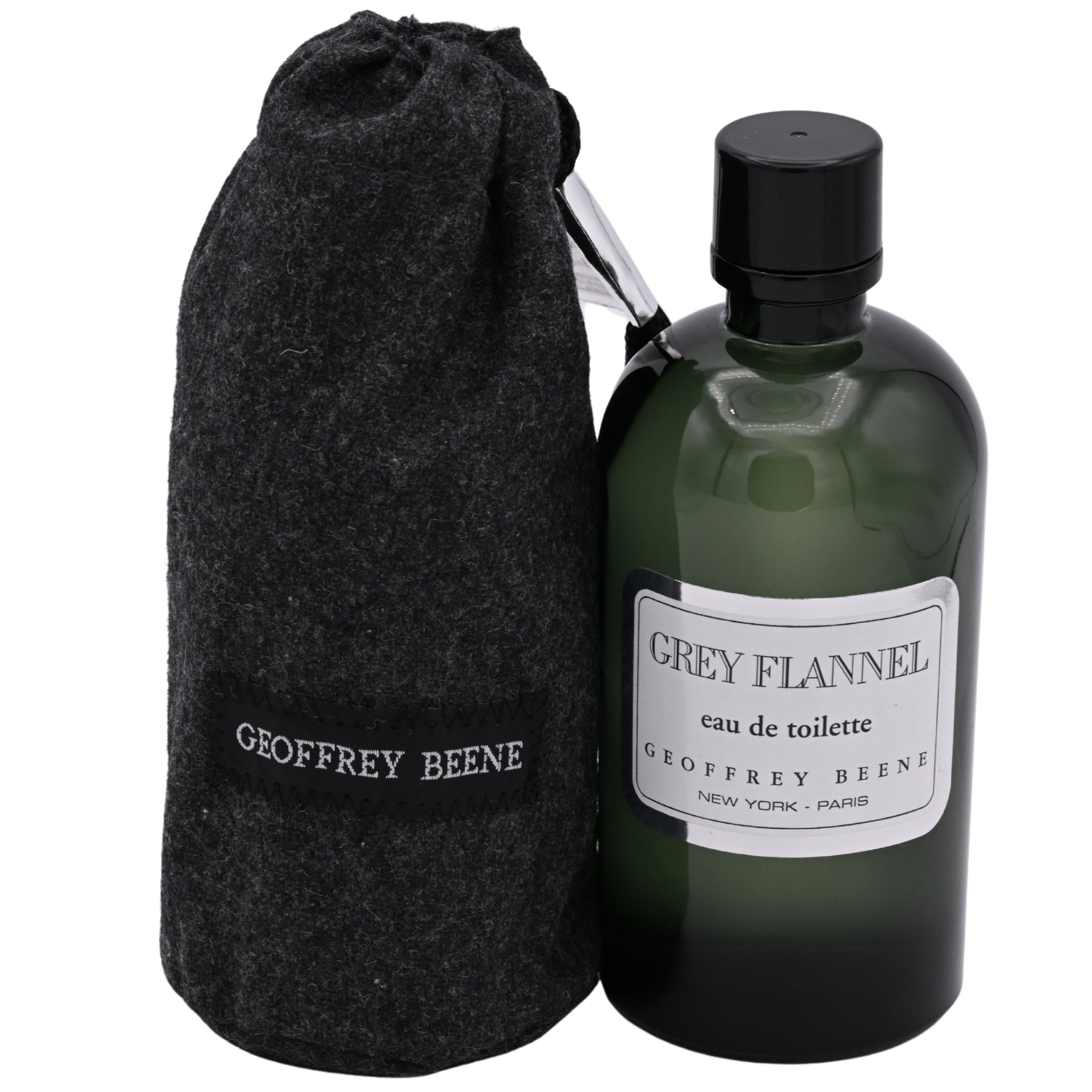 Green perfume bottle with black cap and matching pouch labeled 'Geoffrey Beene' on a white background