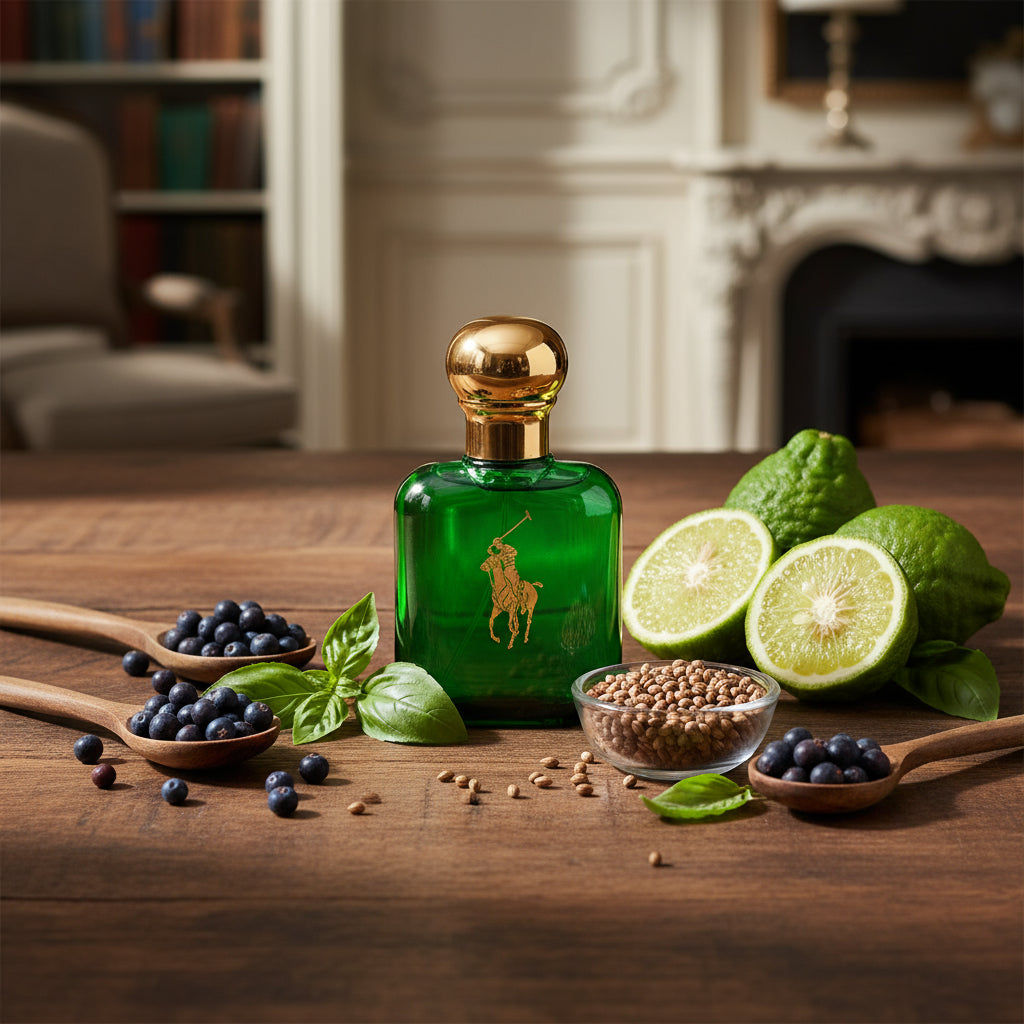 Green perfume bottle with gold cap on a wooden table with limes, berries, and seeds.