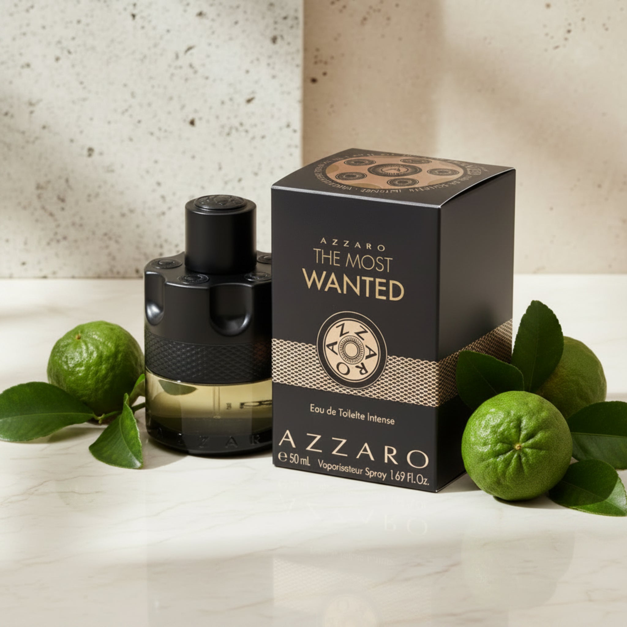 Azzaro The Most Wanted perfume bottle and packaging on a white background