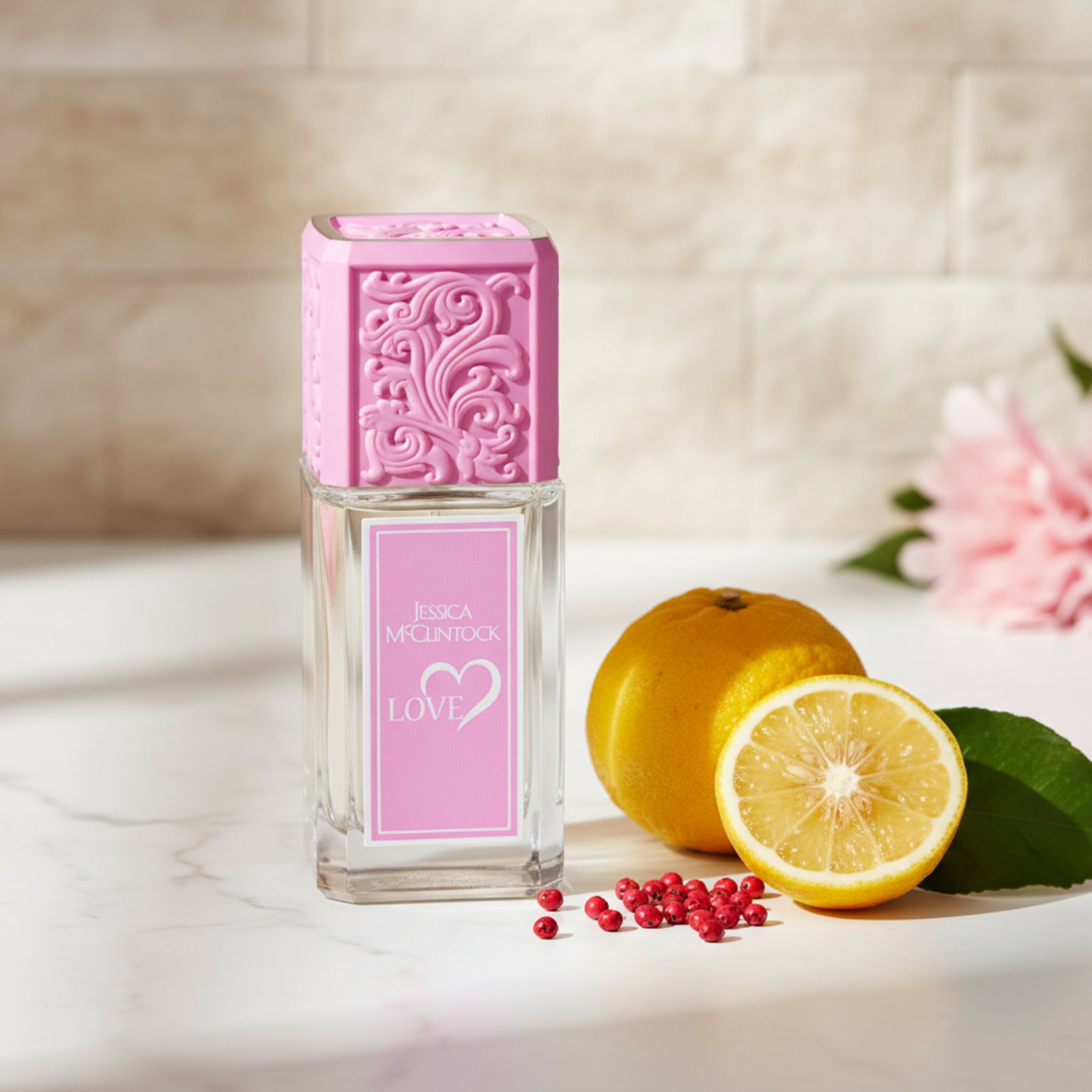 Perfume bottle with pink cap and label on a white background
