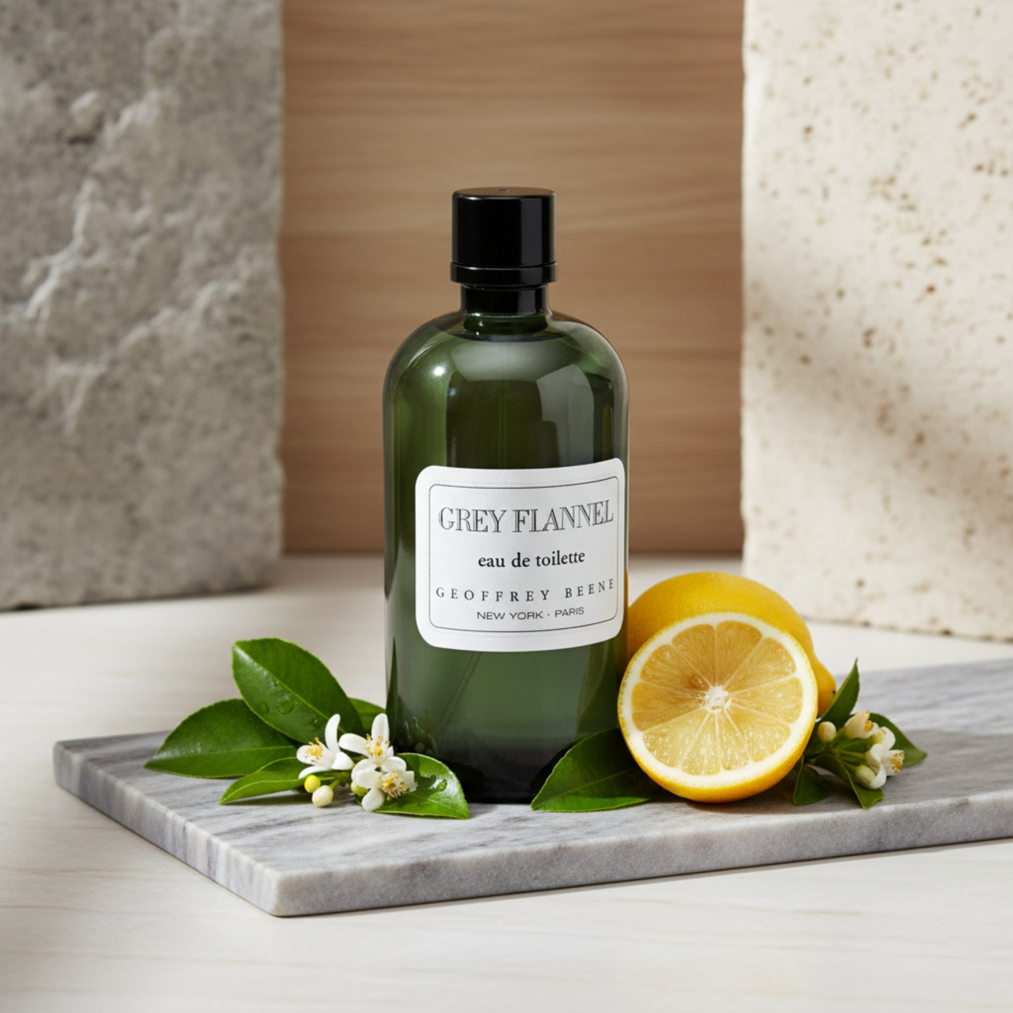 Green bottle of Grey Flannel eau de toilette by Geoffrey Beene on a white background