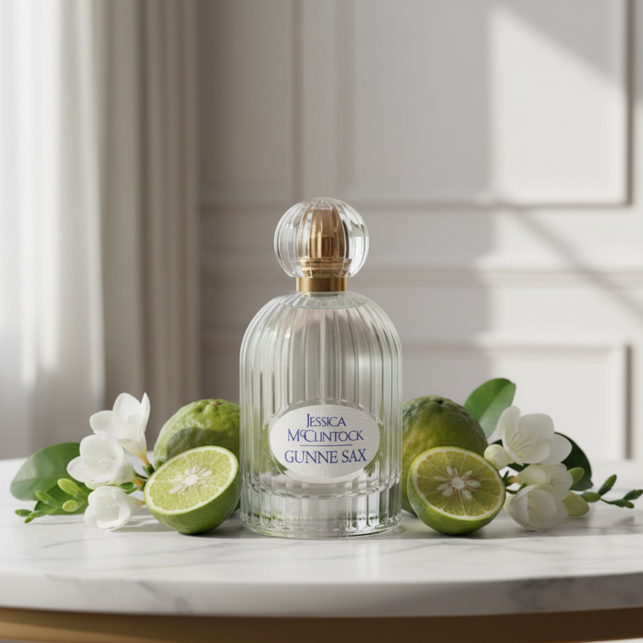 Perfume bottle labeled 'Jessica McClintock Gunne Sax' on a white background