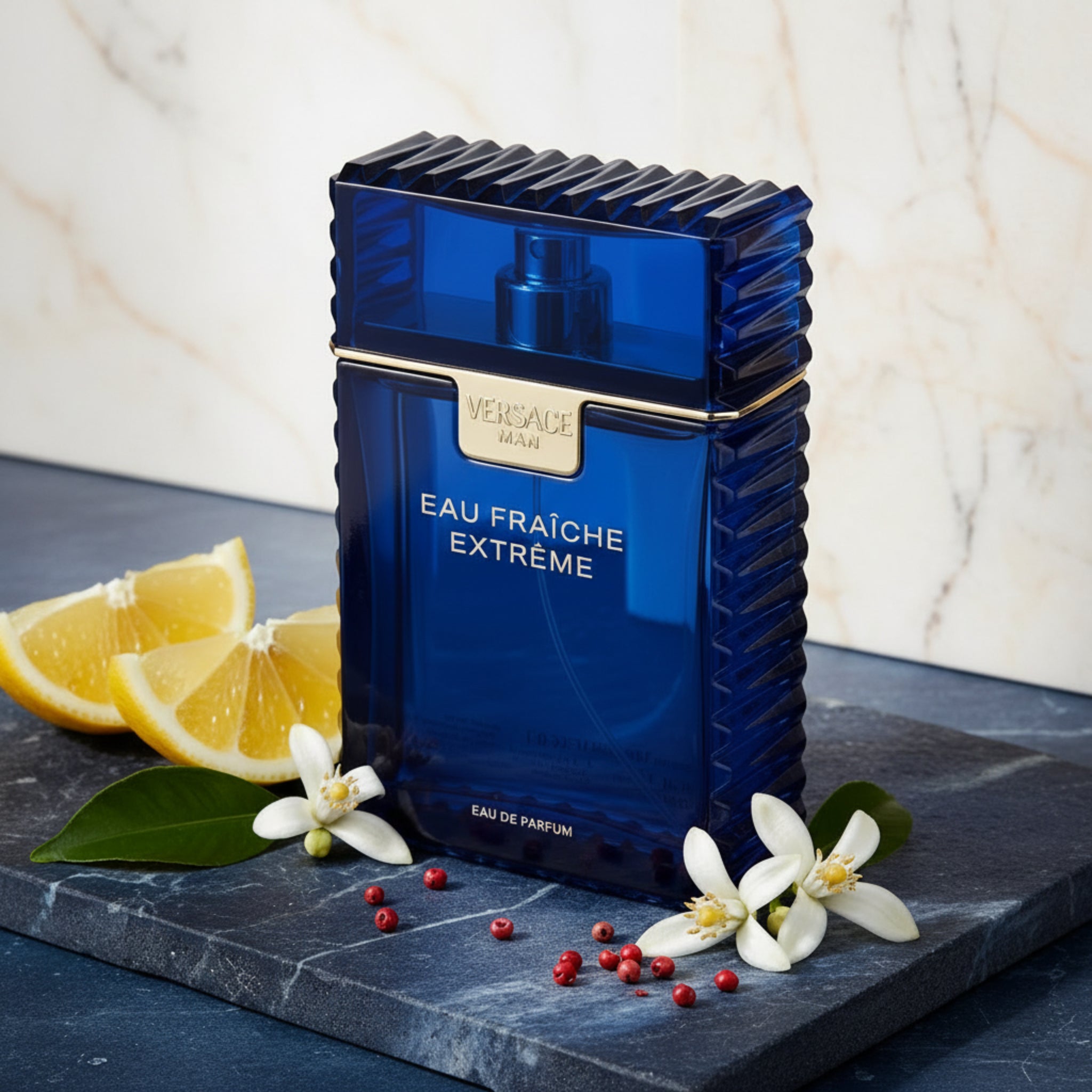 Blue Versace Eau Fraçèche Extèreme perfume bottle on a white background