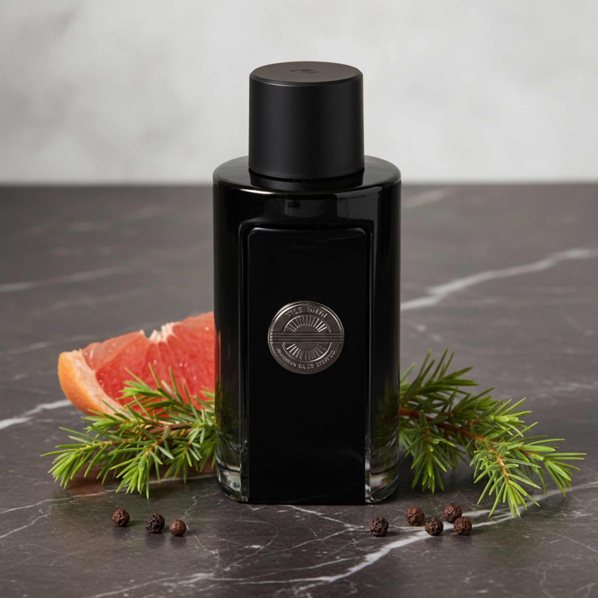 Black perfume bottle with a cap on a white background