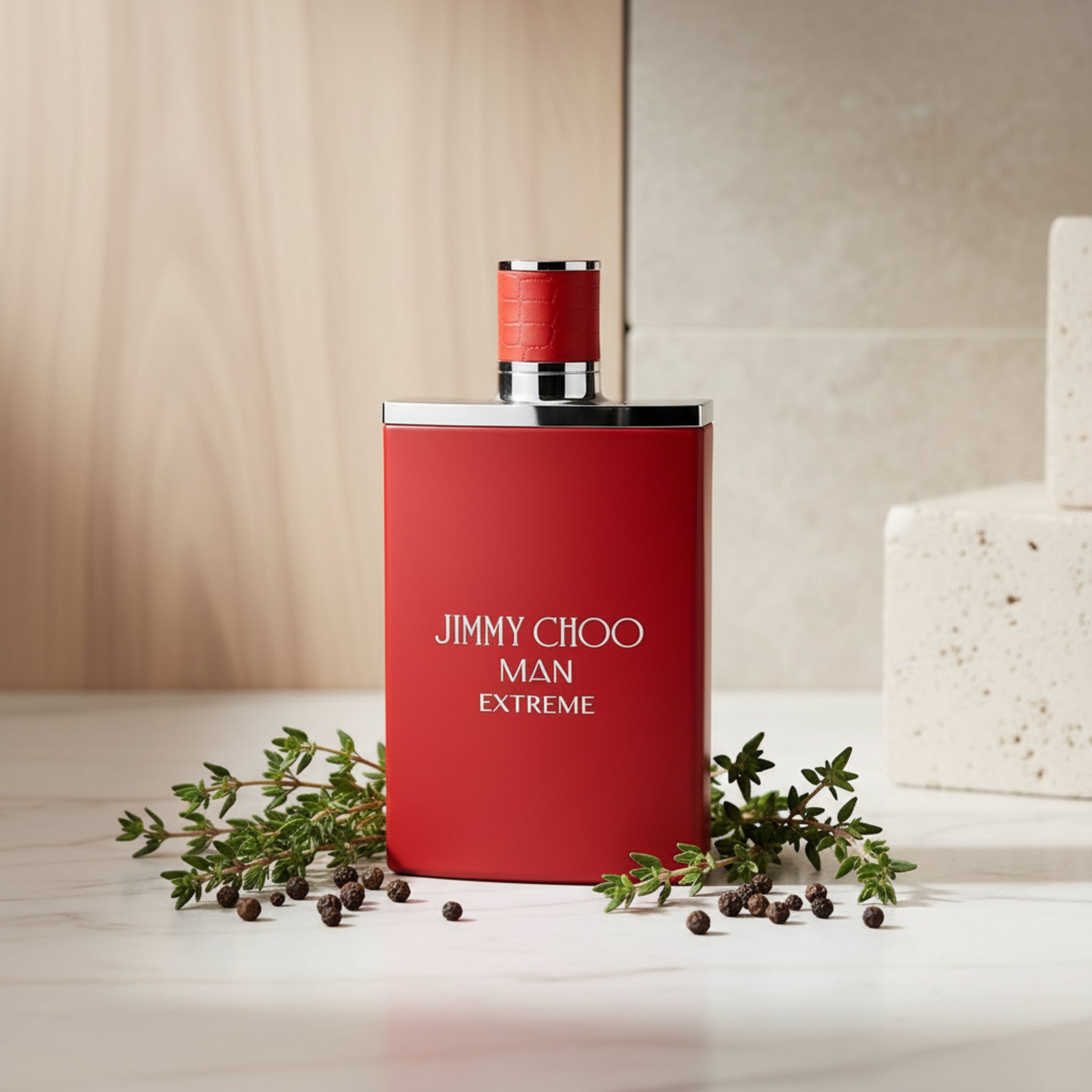 Red perfume bottle with silver cap labeled 'Jimmy Choo Man Extreme' on a white background