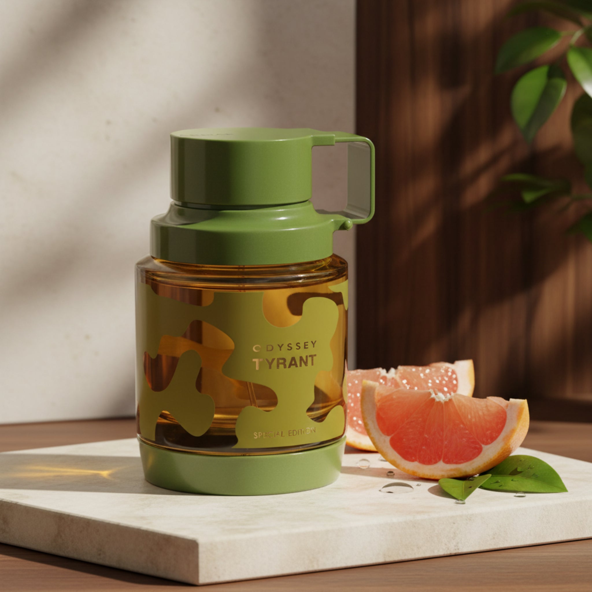 Green water bottle with camouflage design and 'Odyssey Tyrant' branding on a white background
