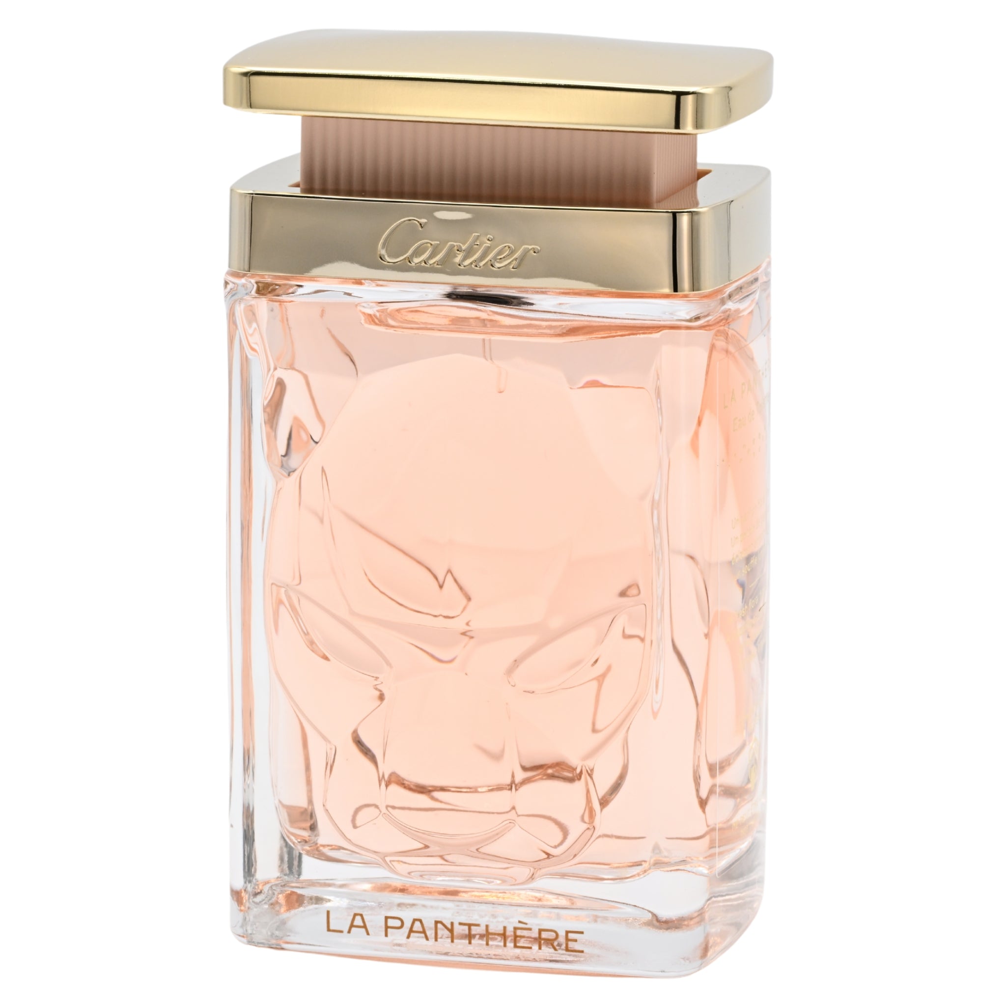 Cartier La Panthere perfume bottle on a white background