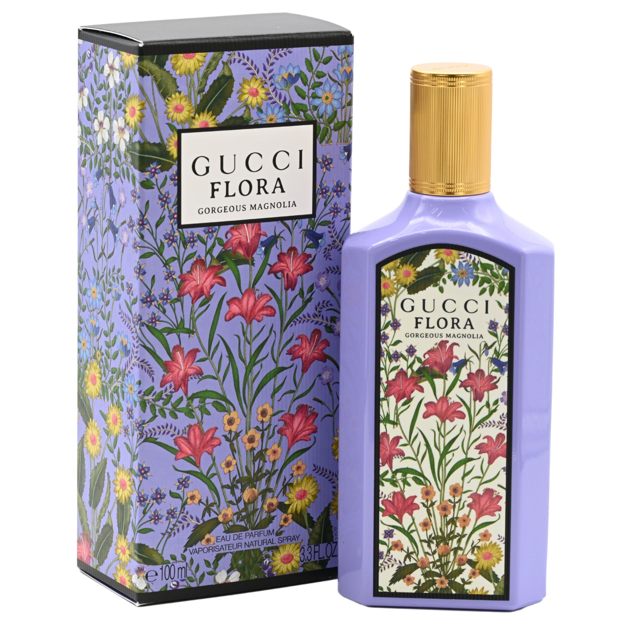 Gucci Flora perfume bottle and packaging with floral design on a white background