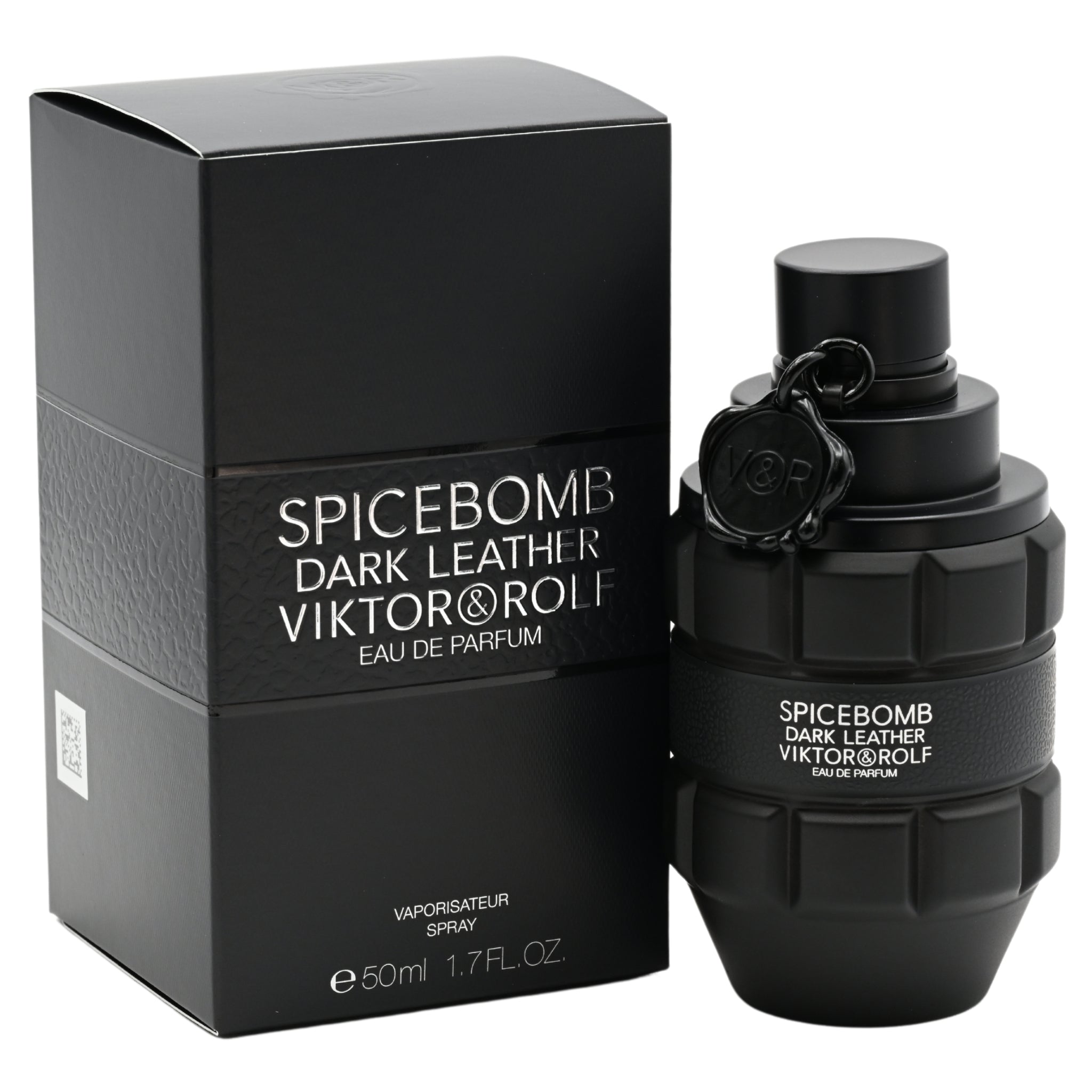 Black perfume bottle and packaging of Viktor & Rolf Spicebomb Dark Leather on a white background