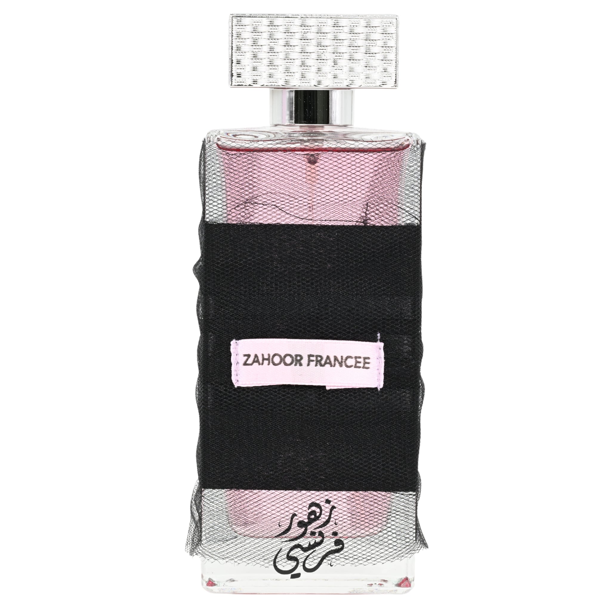 Perfume bottle with black and pink design, featuring the brand 'Zahoor Francee'.