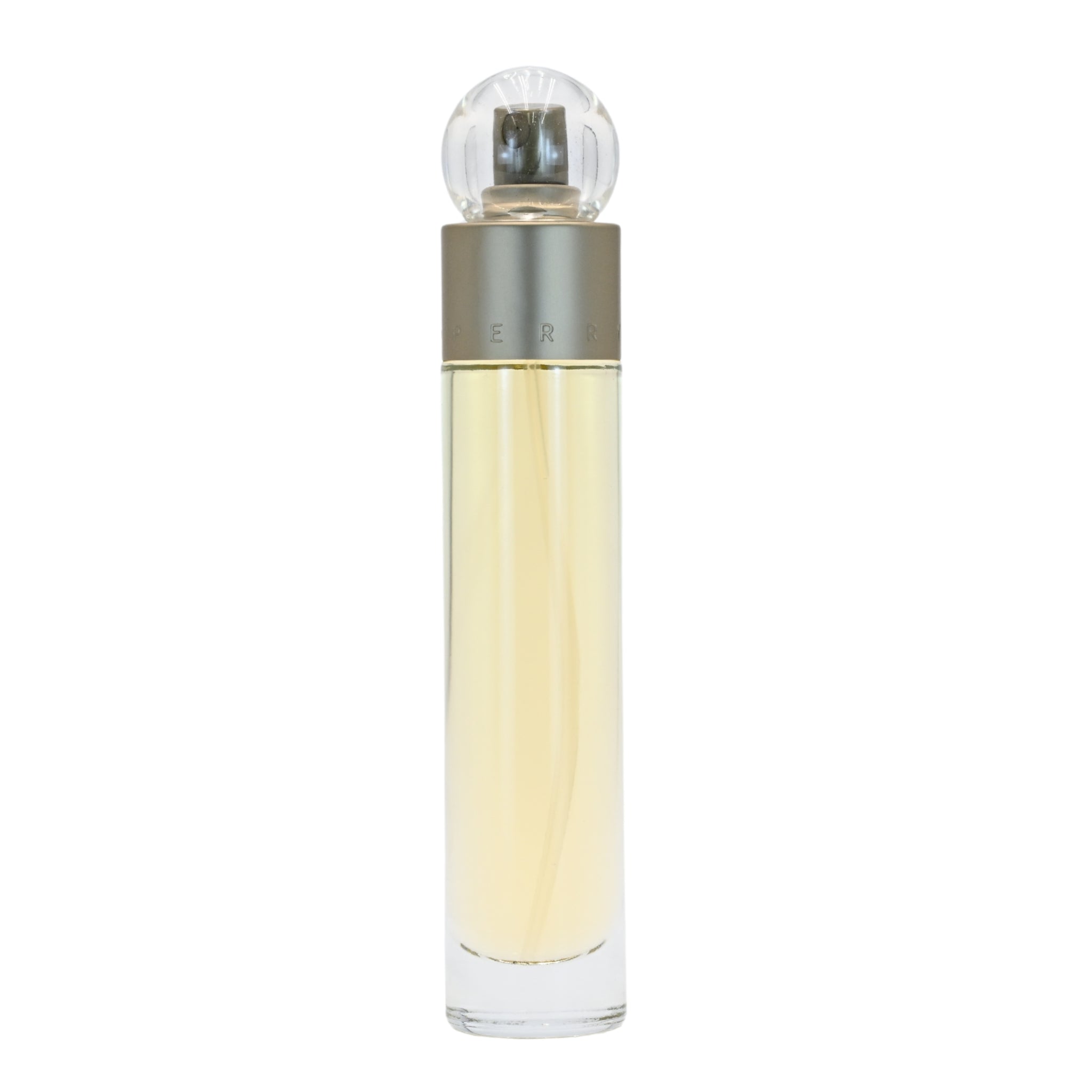 A bottle of 360 by Perry Ellis women EDT perfume, 1.7 oz, with a clear yellow liquid visible inside the bottle and a silver cap.