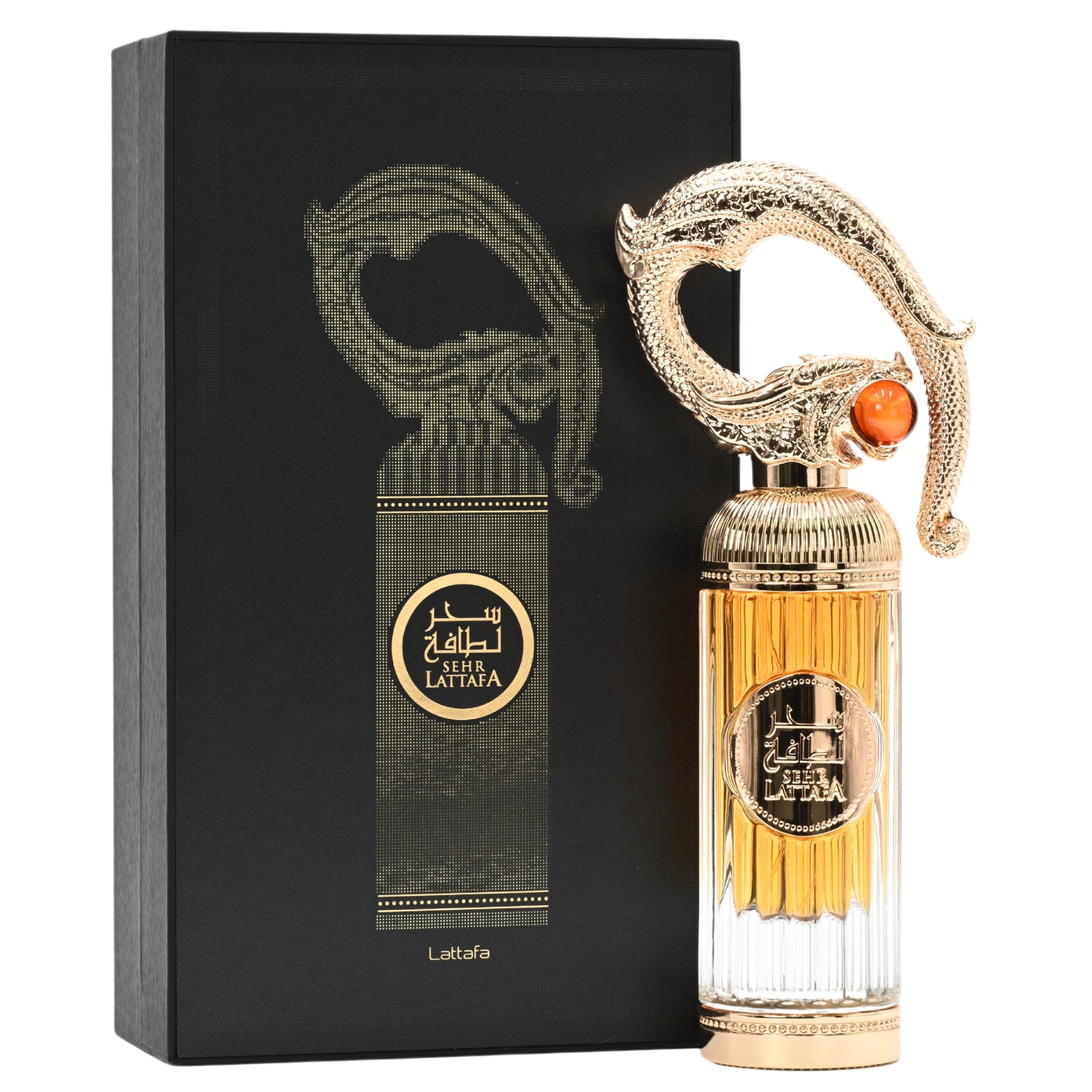 Perfume bottle with intricate design and Lattafa branding next to its packaging.