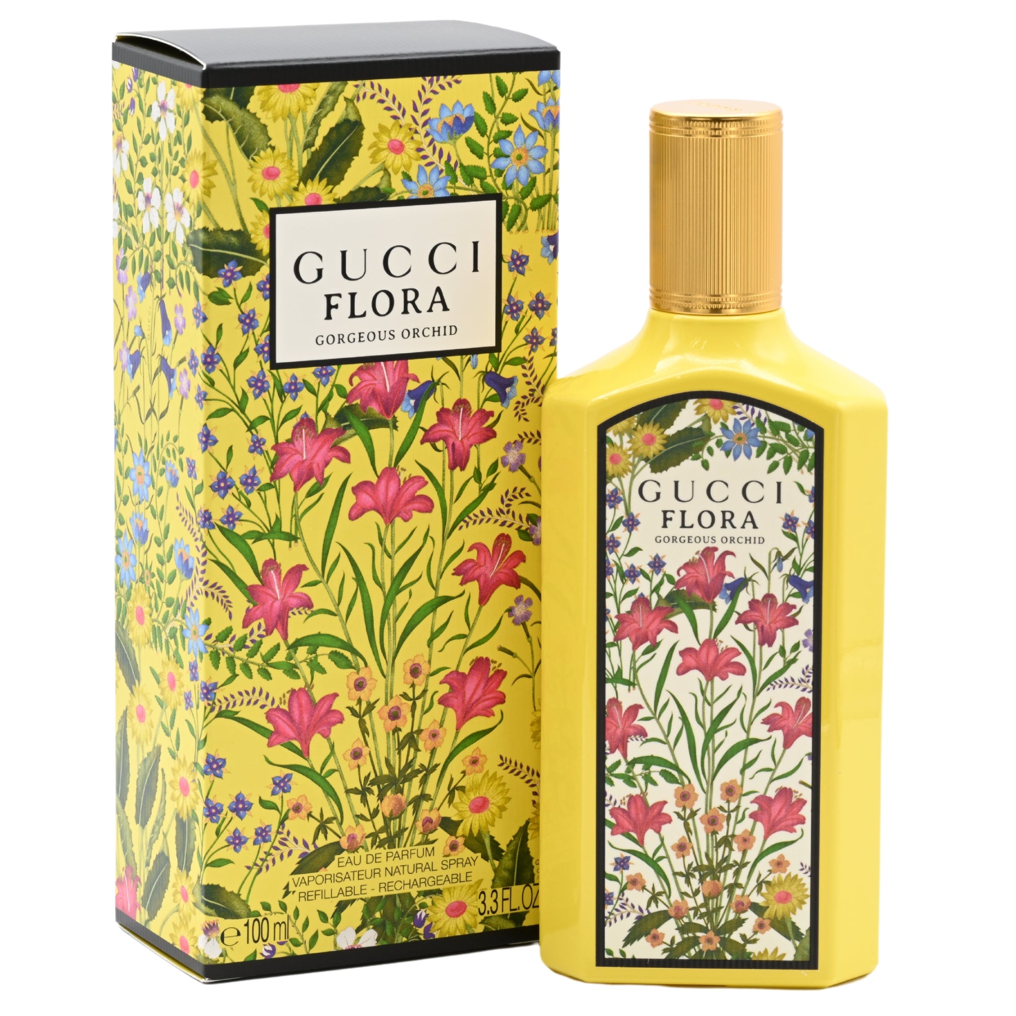 Gucci Flora perfume bottle and packaging with floral design on a white background