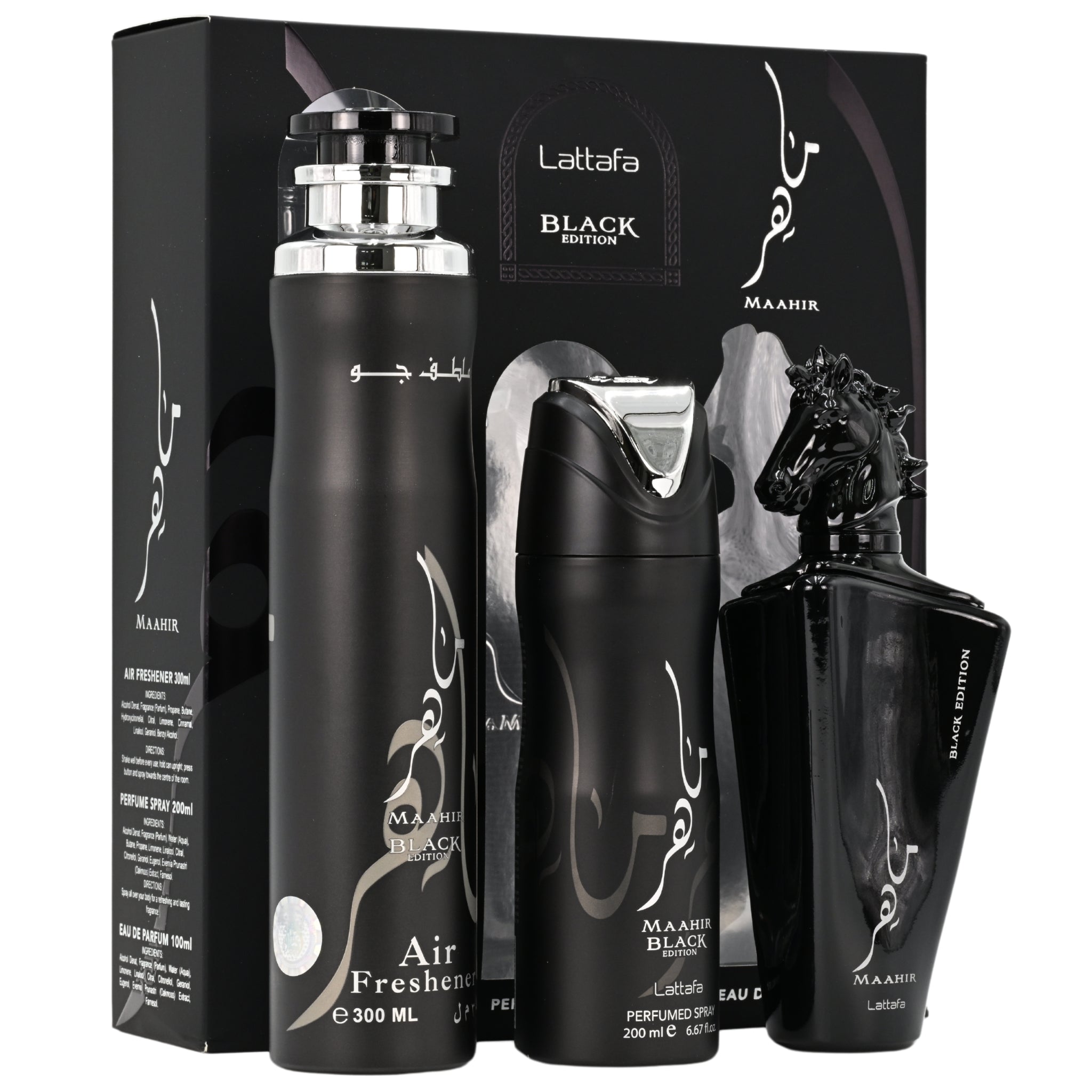 Lattafa Black Edition Ma'aher perfume set with air freshener and deodorant on a white background