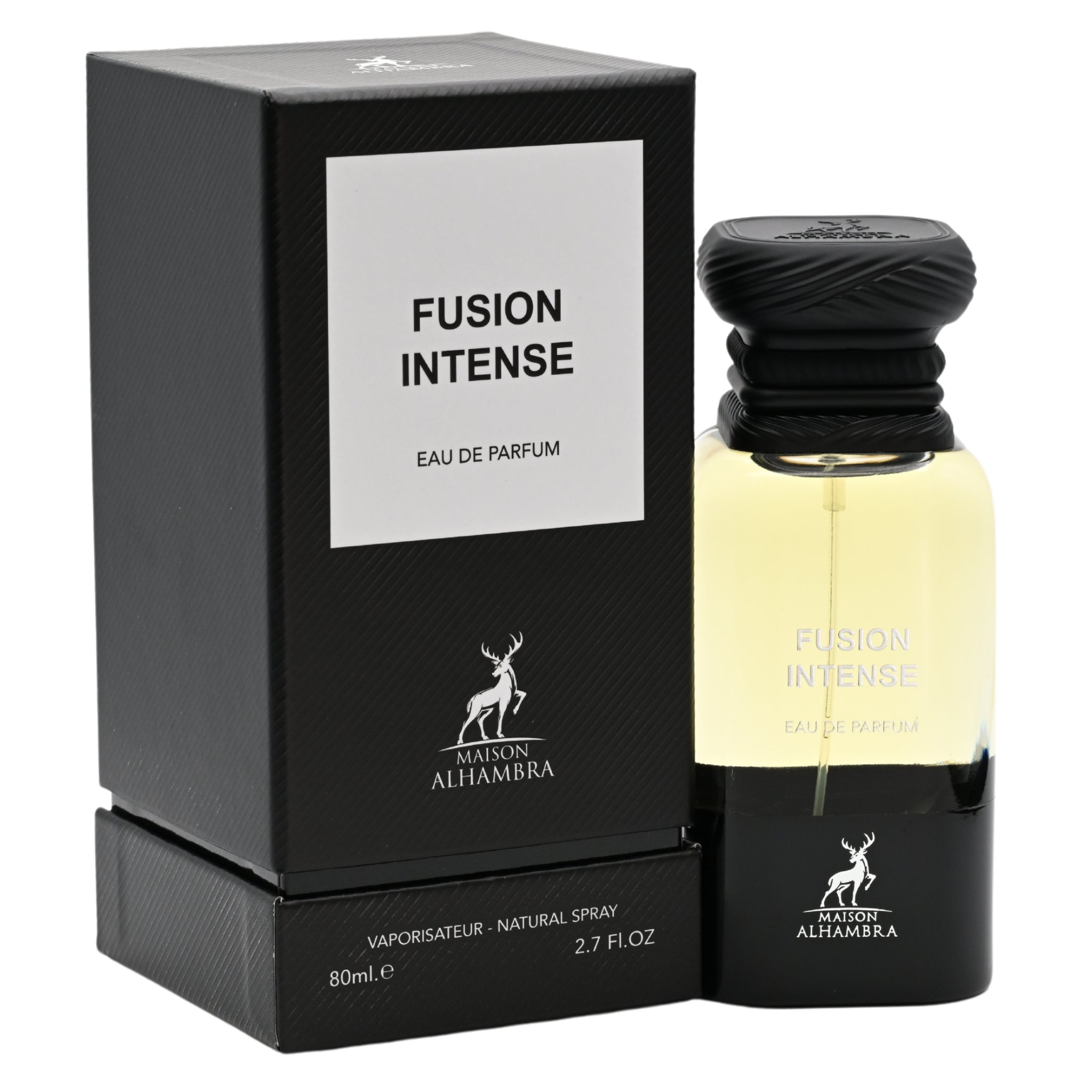 Maison Alhambra Fusion Intense perfume bottle and packaging on a white background