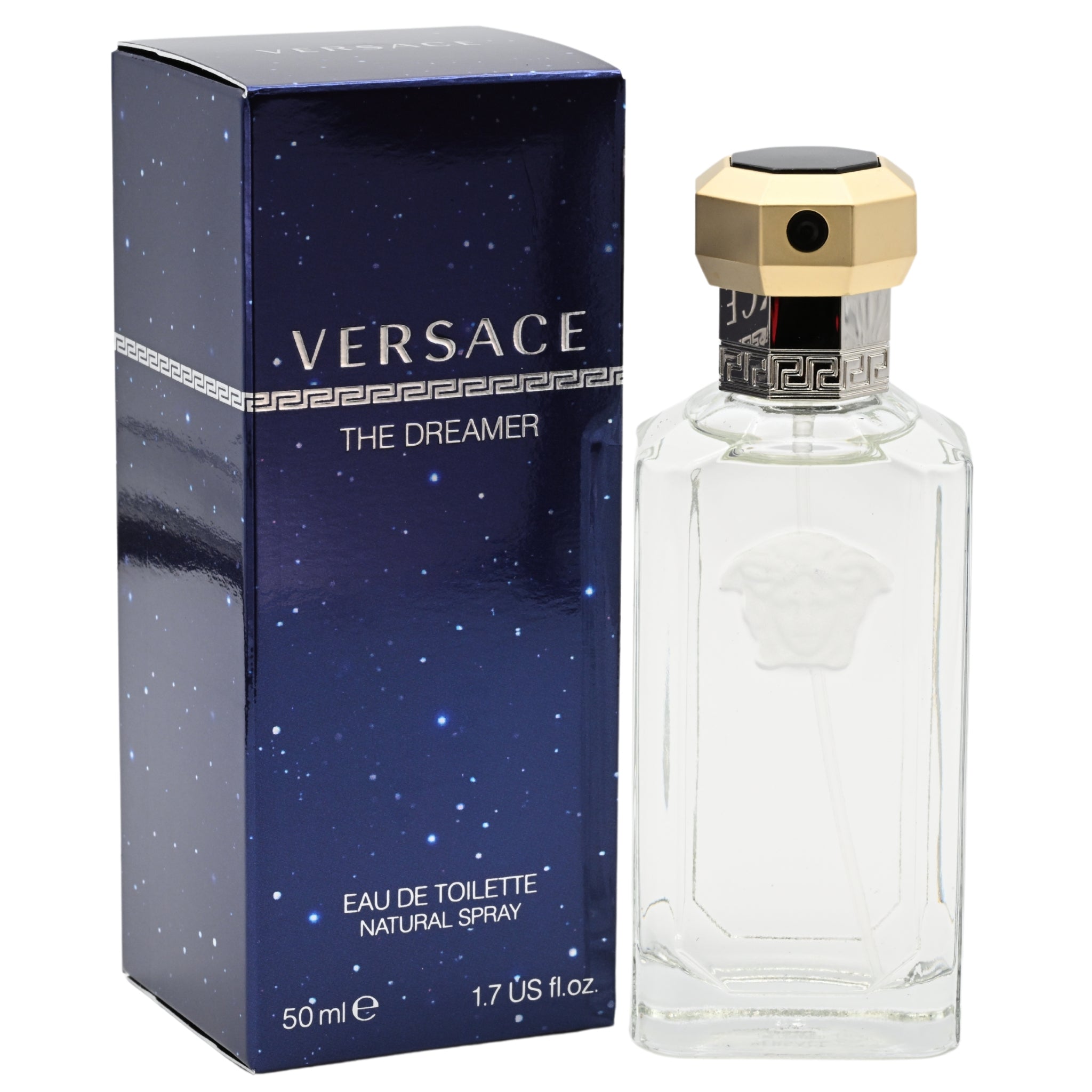 Versace The Dreamer perfume bottle and packaging on a white background