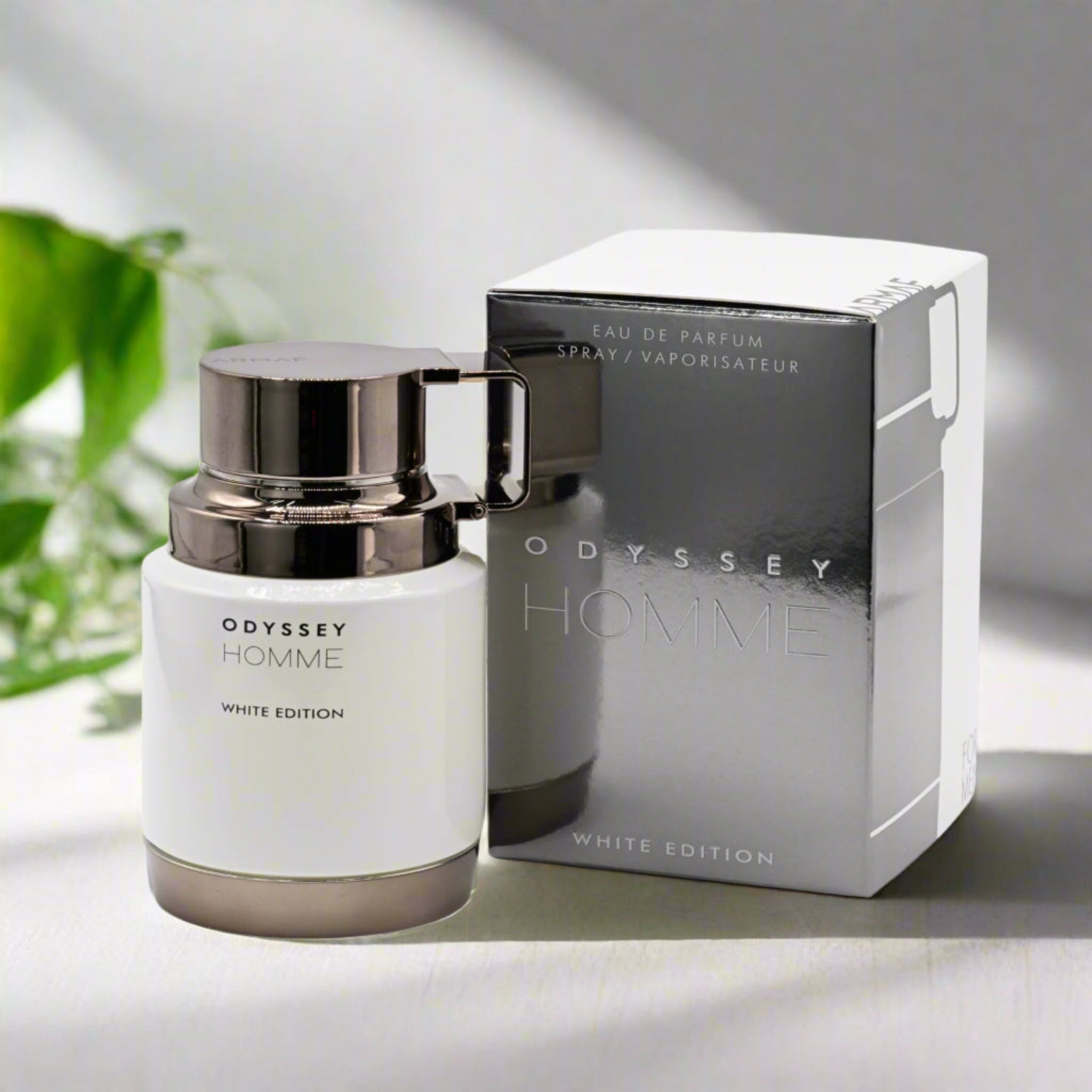 Odyssey Homme perfume bottle and packaging on a light surface with greenery in the background