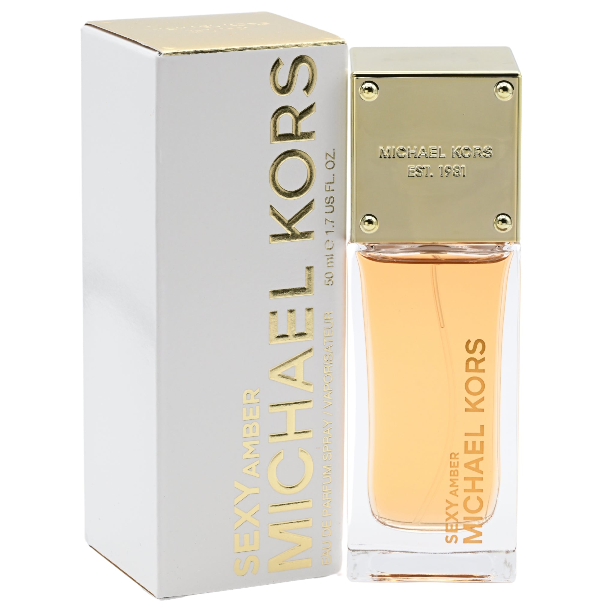 Michael Kors Sexy Amber perfume bottle and packaging on a white background