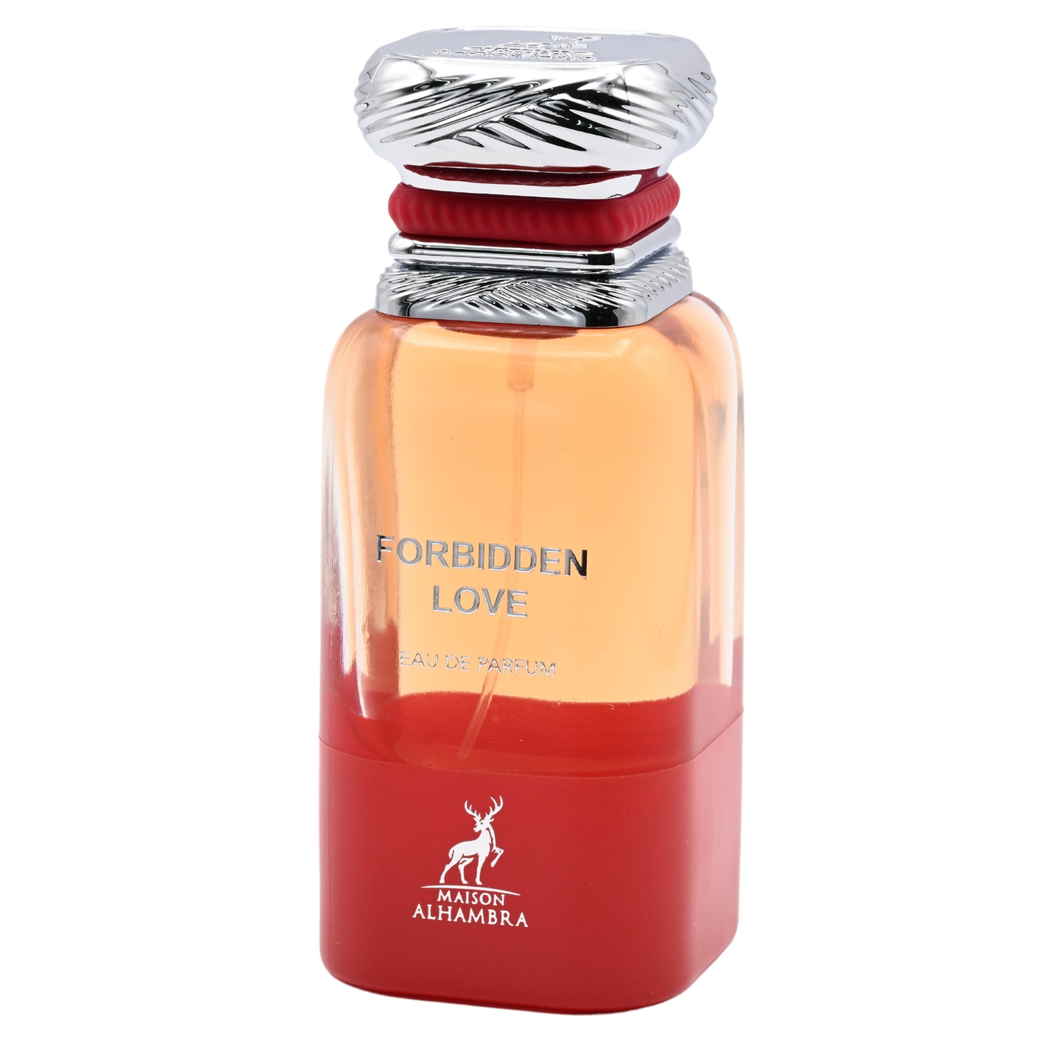Perfume bottle labeled 'Forbidden Love' by Maison Alhambra on a white background