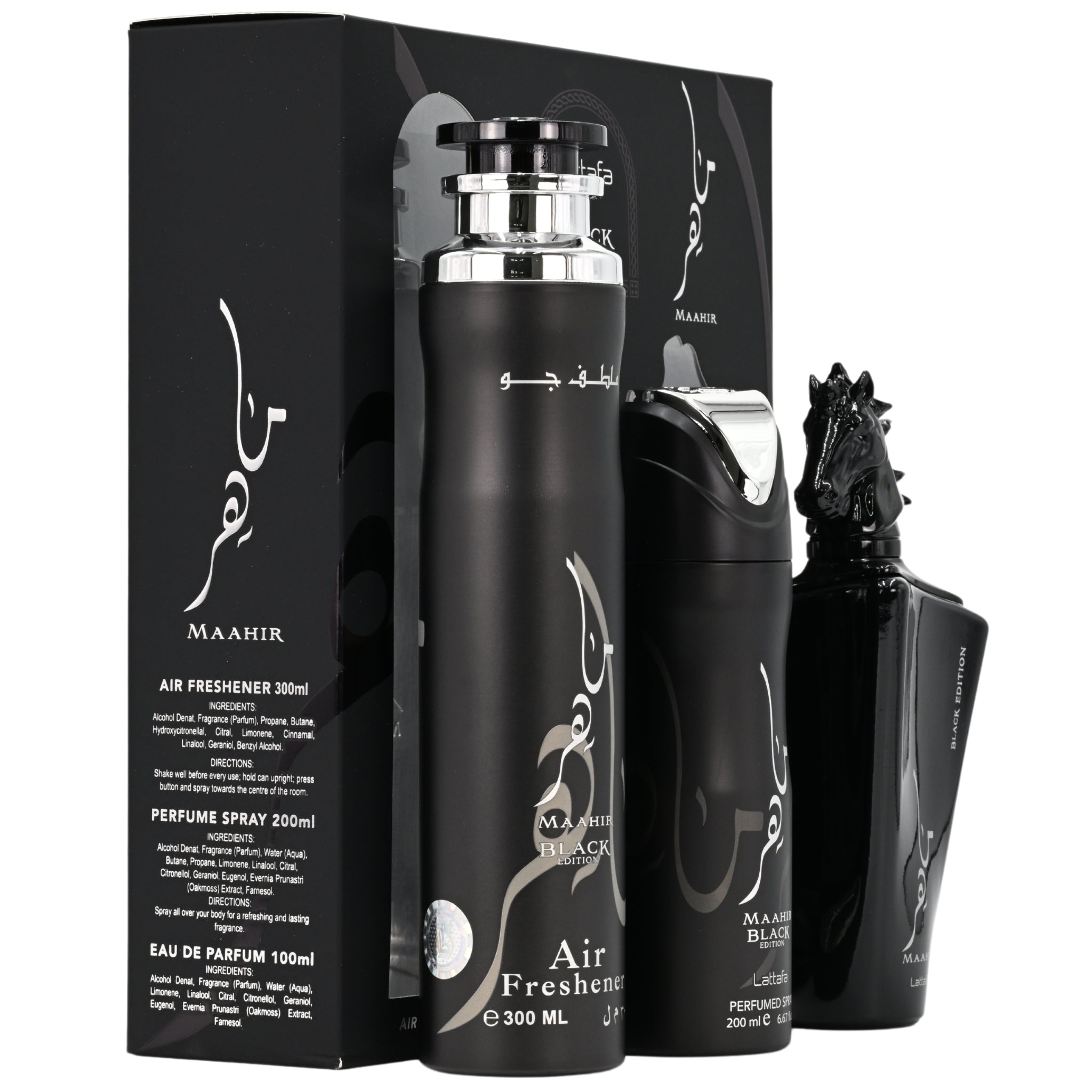 Black perfume bottles and packaging with 'MAHIR' branding on a white background