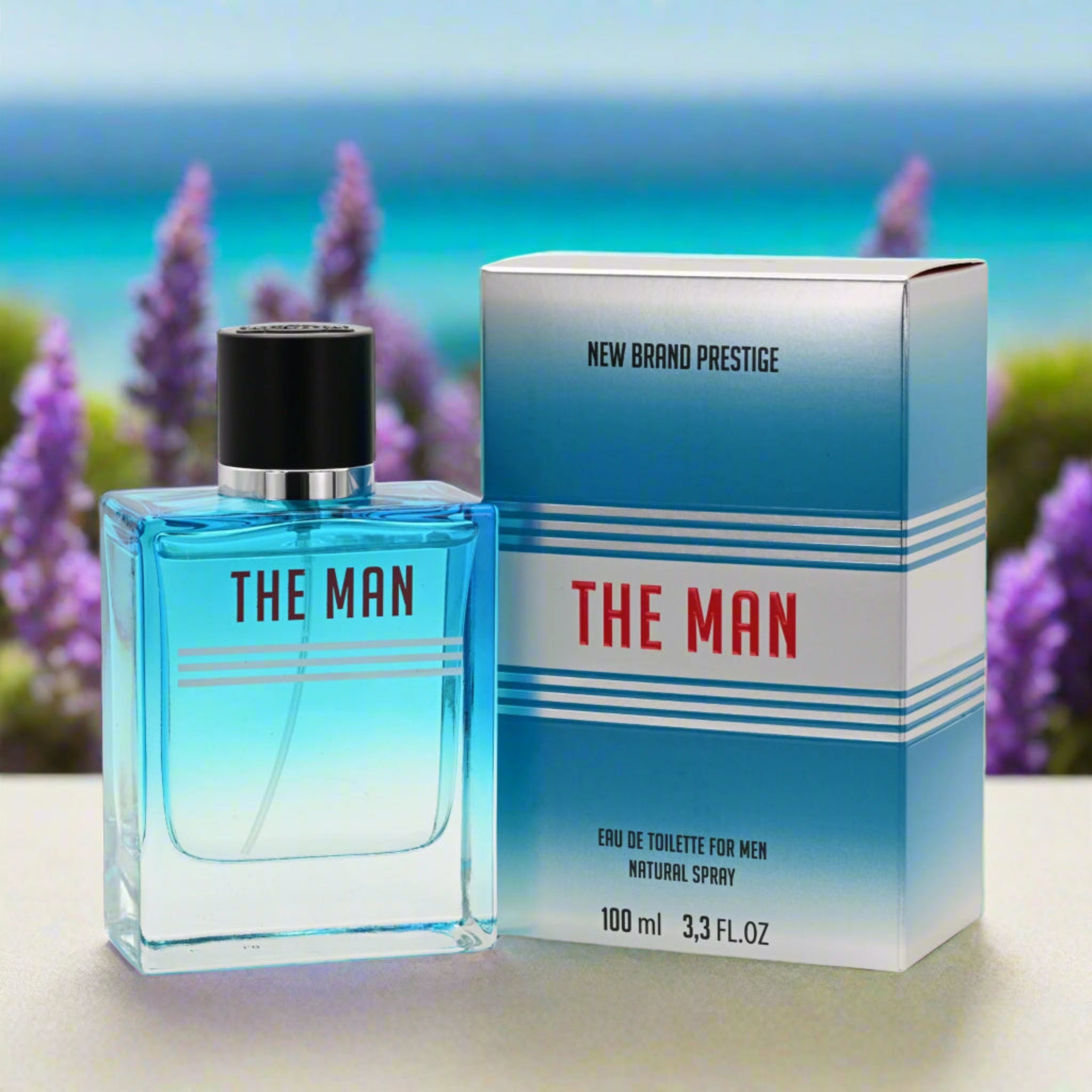 Perfume bottle and packaging labeled 'The Man' with a scenic background