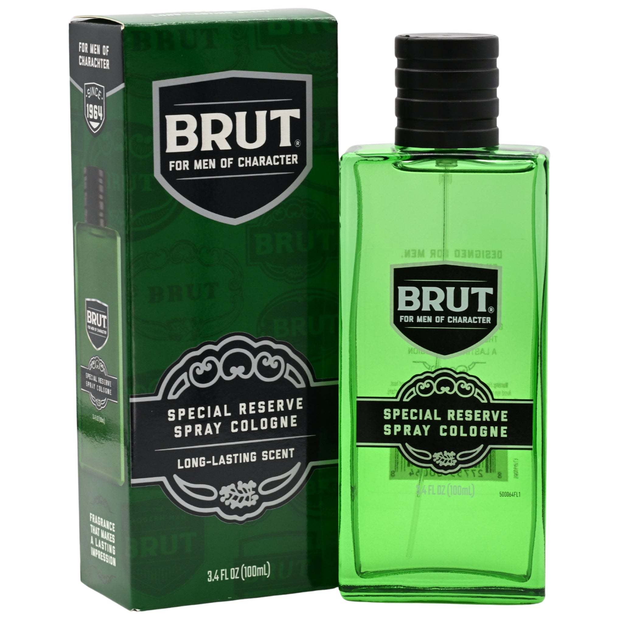 Brut Special Reserve spray cologne bottle and packaging on a white background