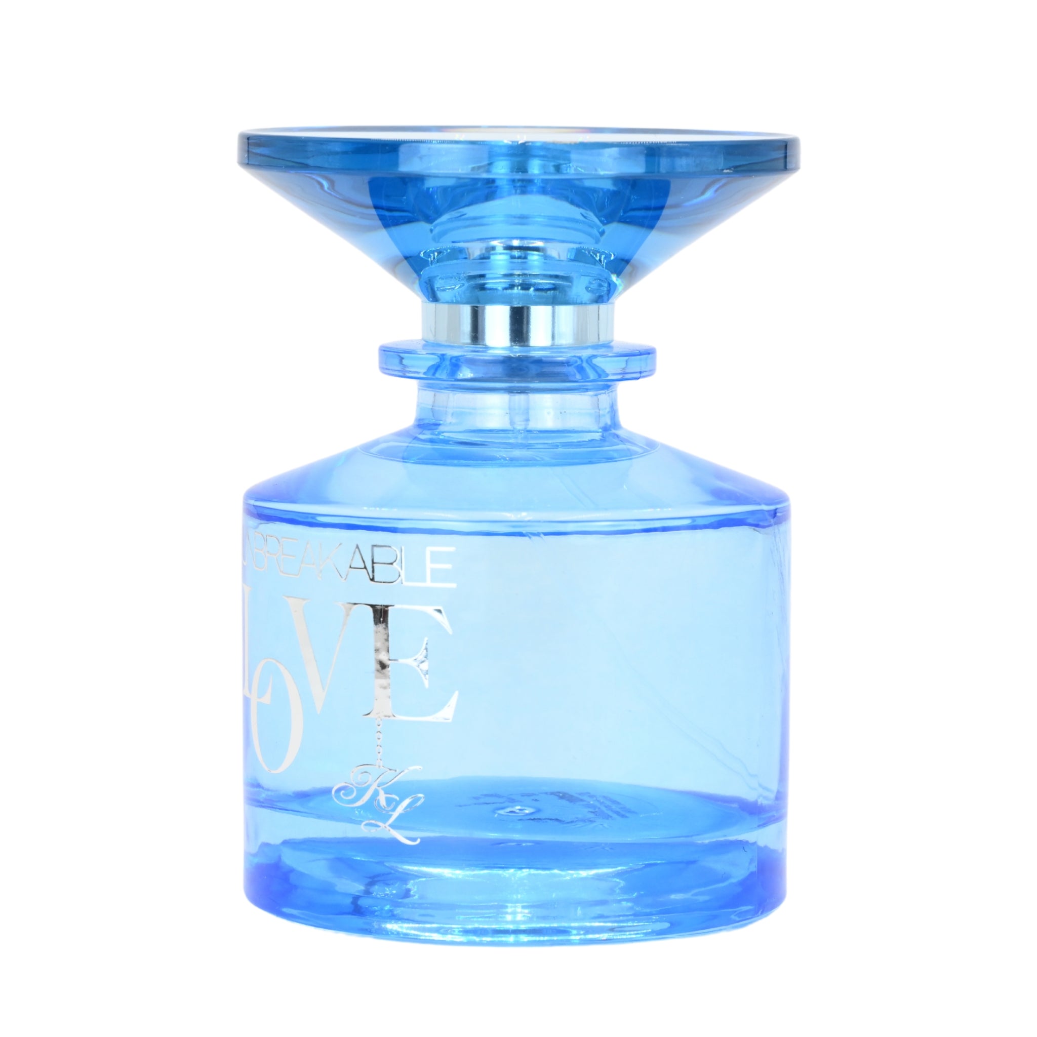 Blue perfume bottle with a silver cap on a white background