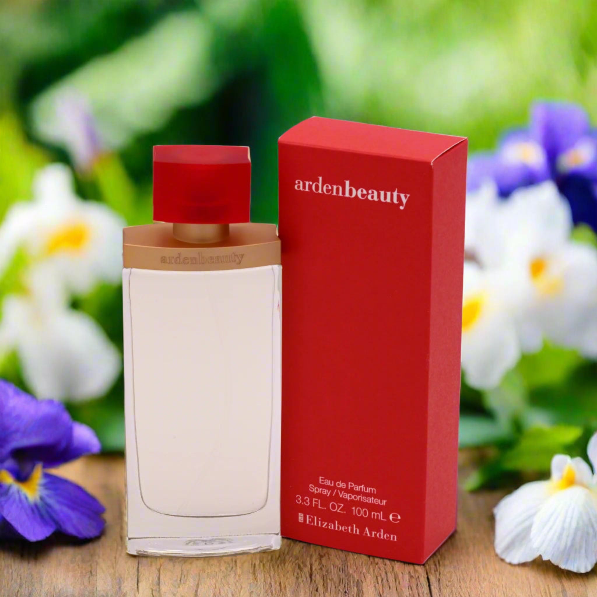 Elizabeth Arden perfume bottle and packaging with a floral background