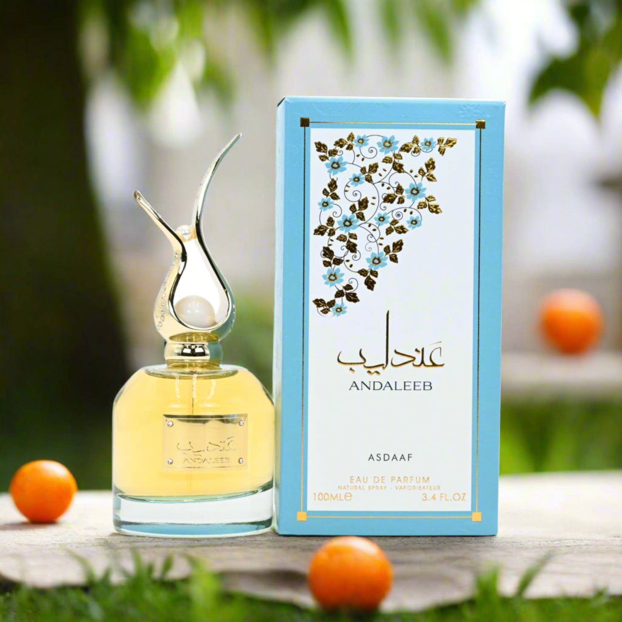 Andaleeb Asdaaf perfume bottle and packaging on a natural background