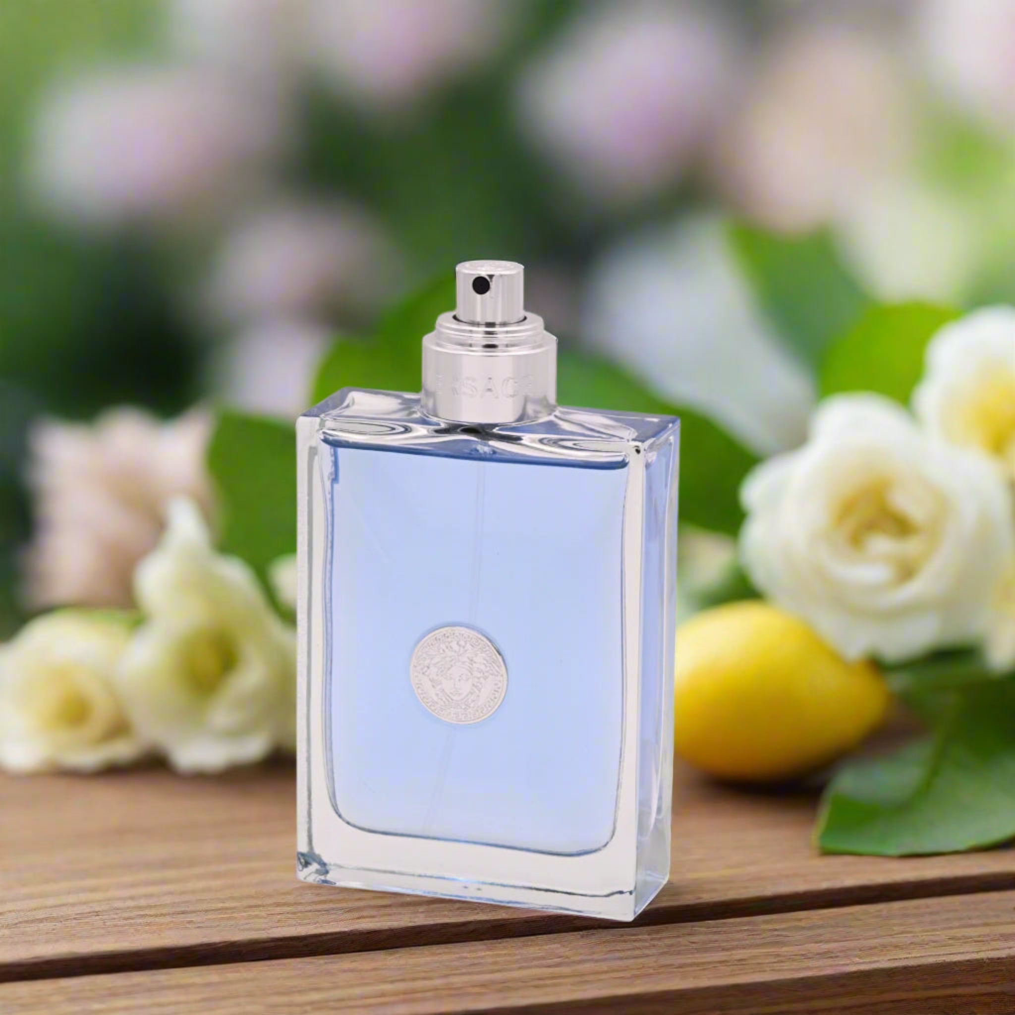 Perfume bottle with a blue label on a white background